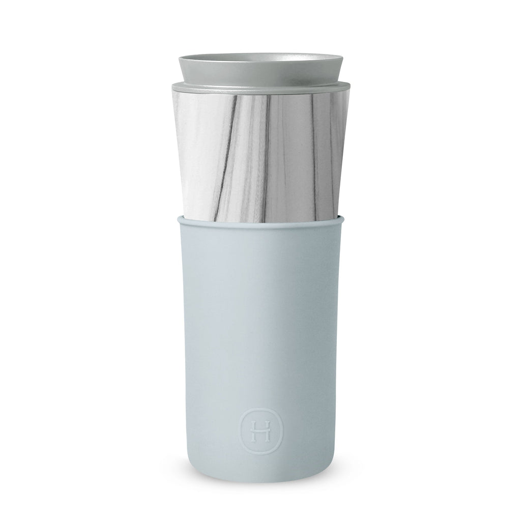 White marble HYDY Cumulus 15 oz travel mug with a sleek design, featuring a durable stainless steel body and spill-proof lid.