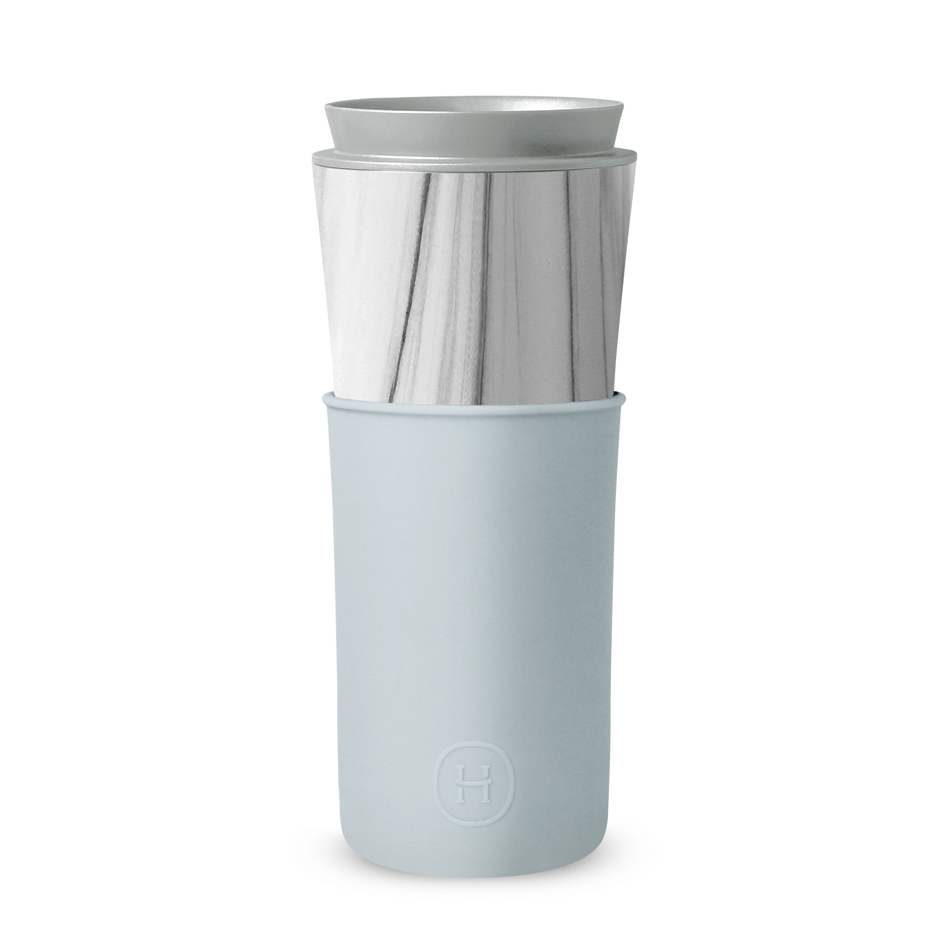 White marble HYDY Cumulus 15 oz travel mug with a sleek design, featuring a durable stainless steel body and spill-proof lid.
