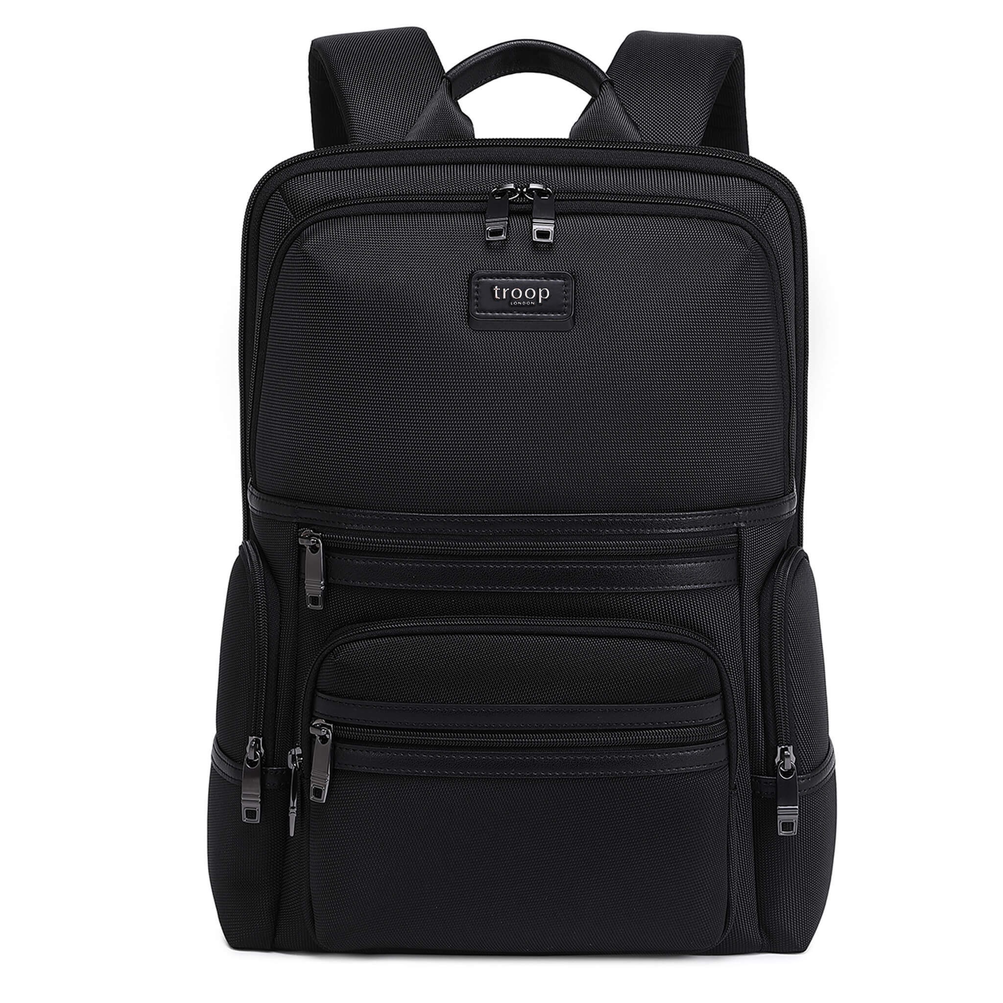 Black Troop London TPB004 slim laptop backpack with padded compartments and adjustable straps, designed for everyday use.