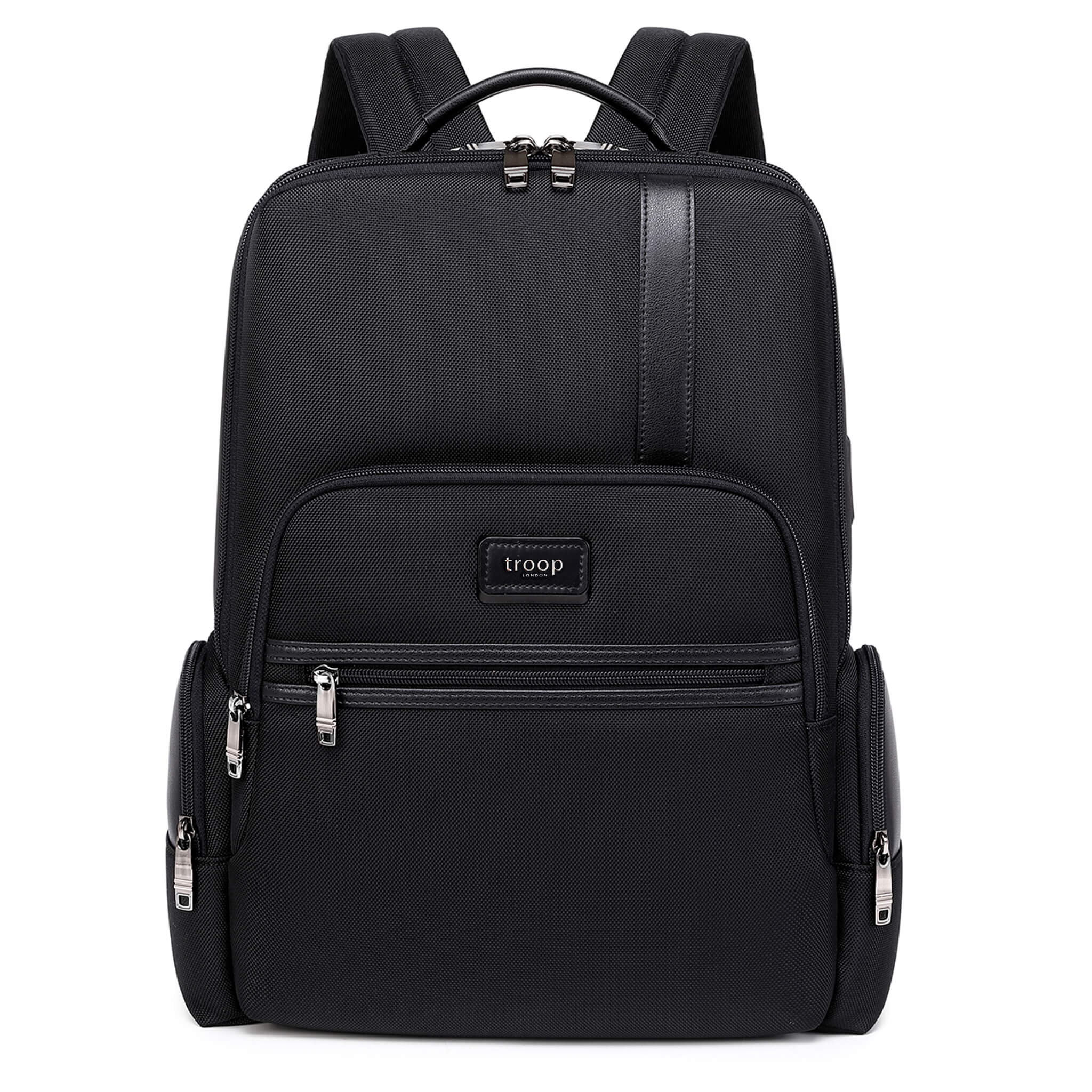 Black Troop London TPB005 laptop backpack with padded straps and multiple compartments, designed for convenient everyday use.