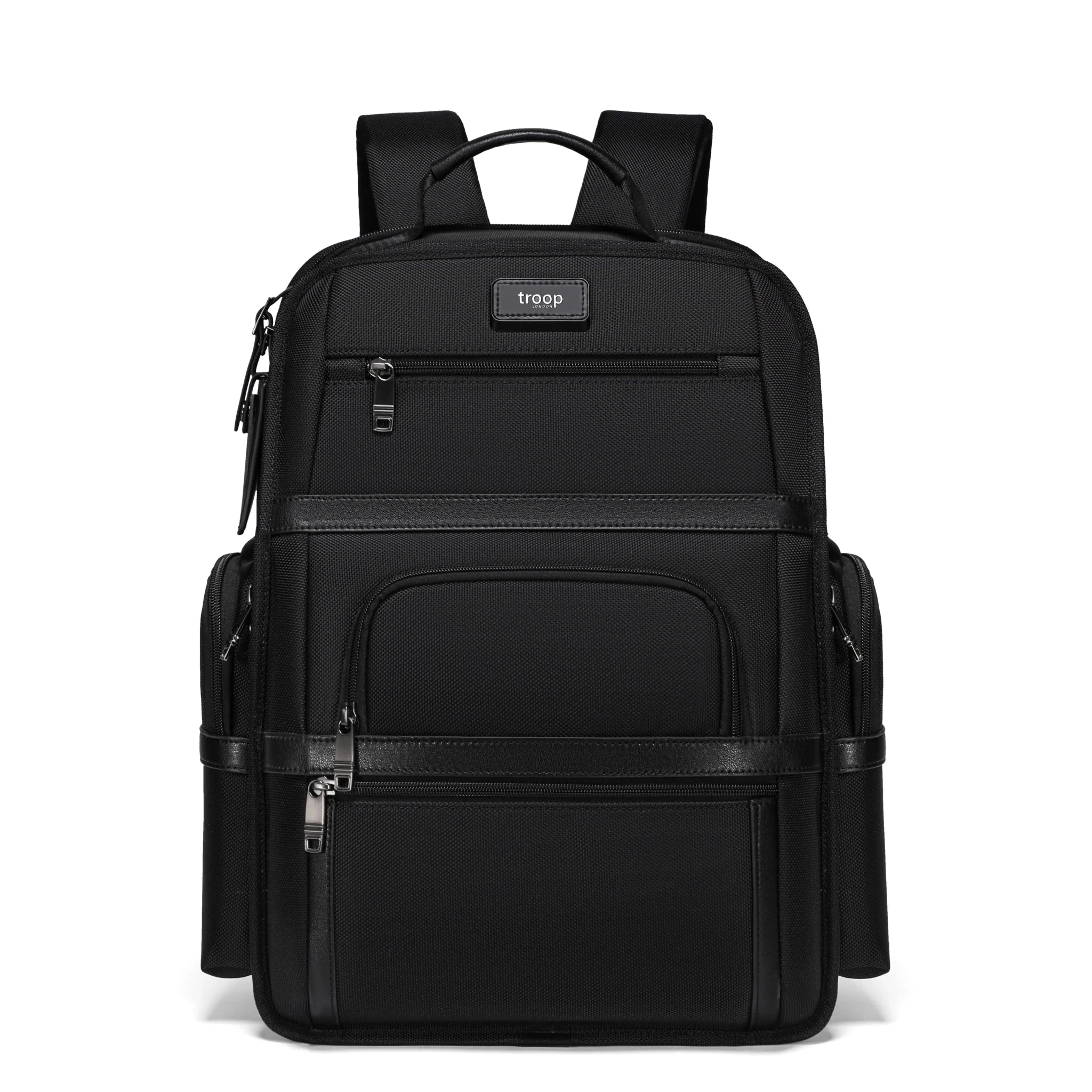 Troop London black business laptop backpack with multiple compartments and a dedicated tech zone for gadgets.