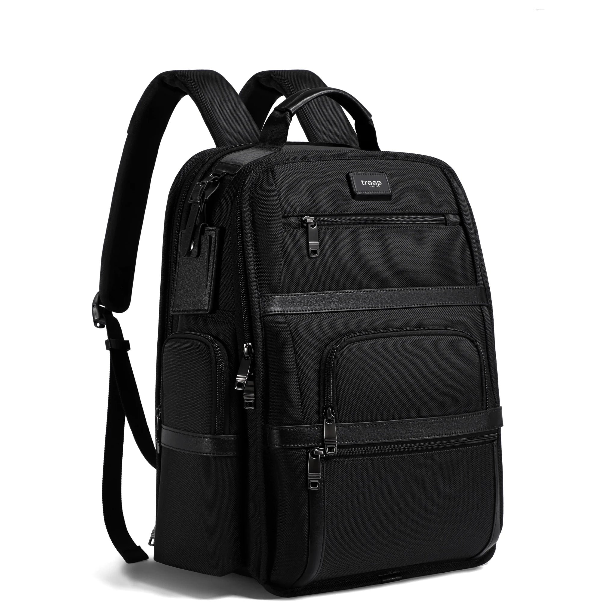 Black Troop London business backpack with tech zone and multiple compartments, designed for professional and tech-savvy users.