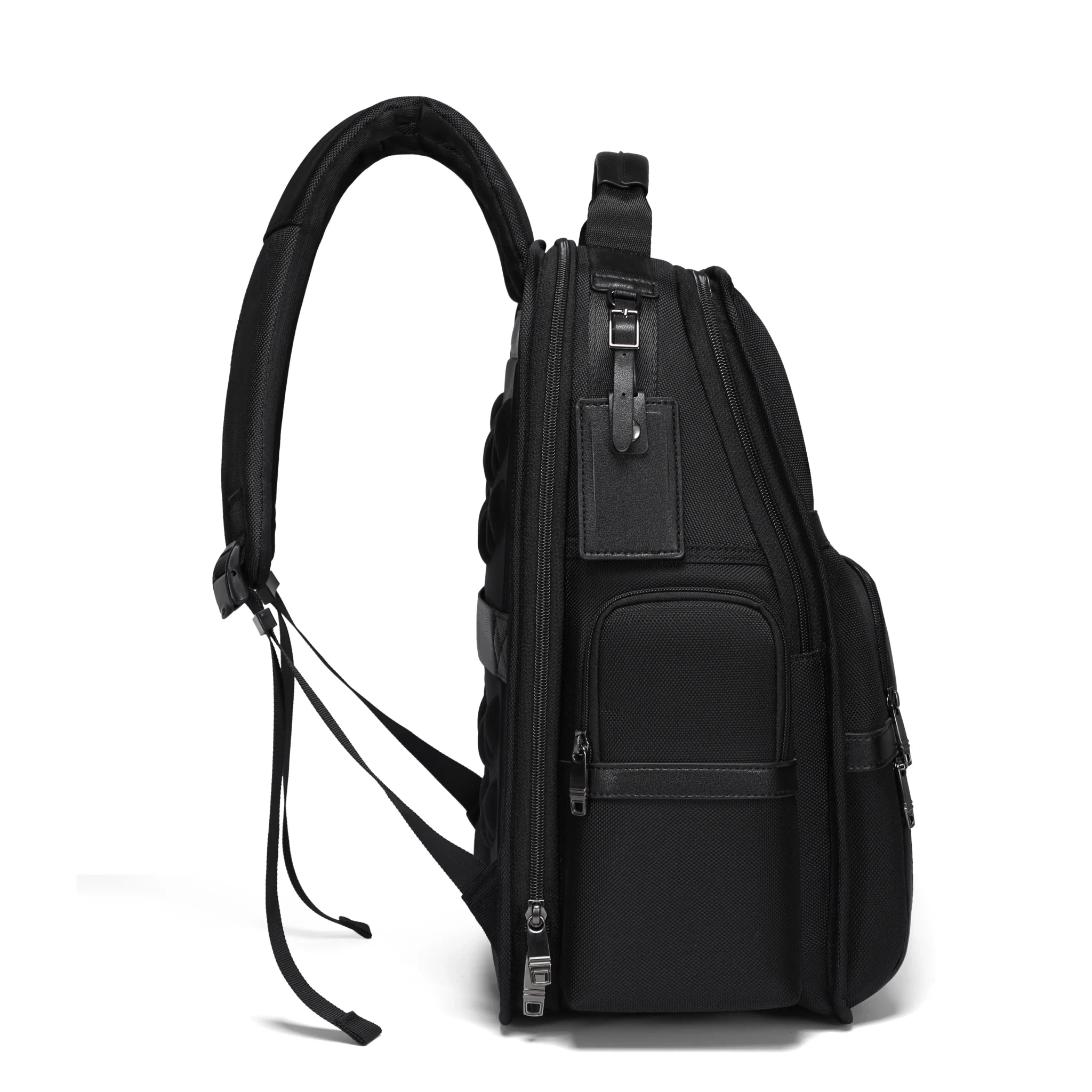 Troop London black business laptop backpack with multiple compartments and a dedicated tech zone for gadgets and accessories.