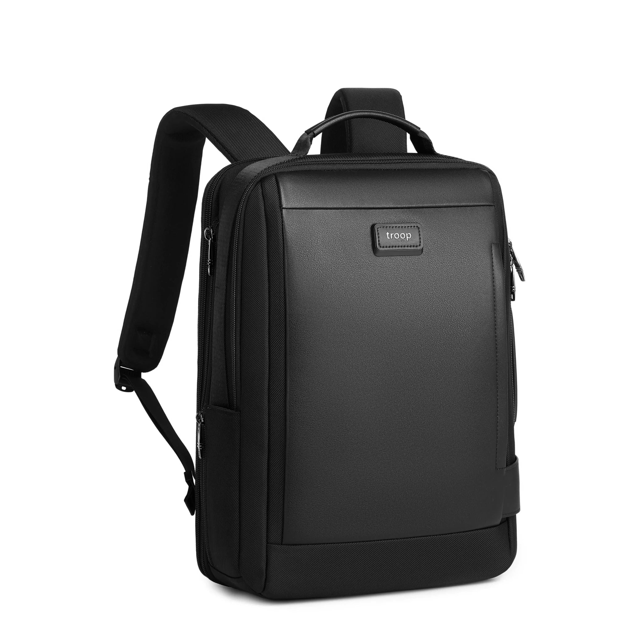 Troop London black expandable laptop backpack with tech zone, multiple compartments, and padded shoulder straps for business travel.