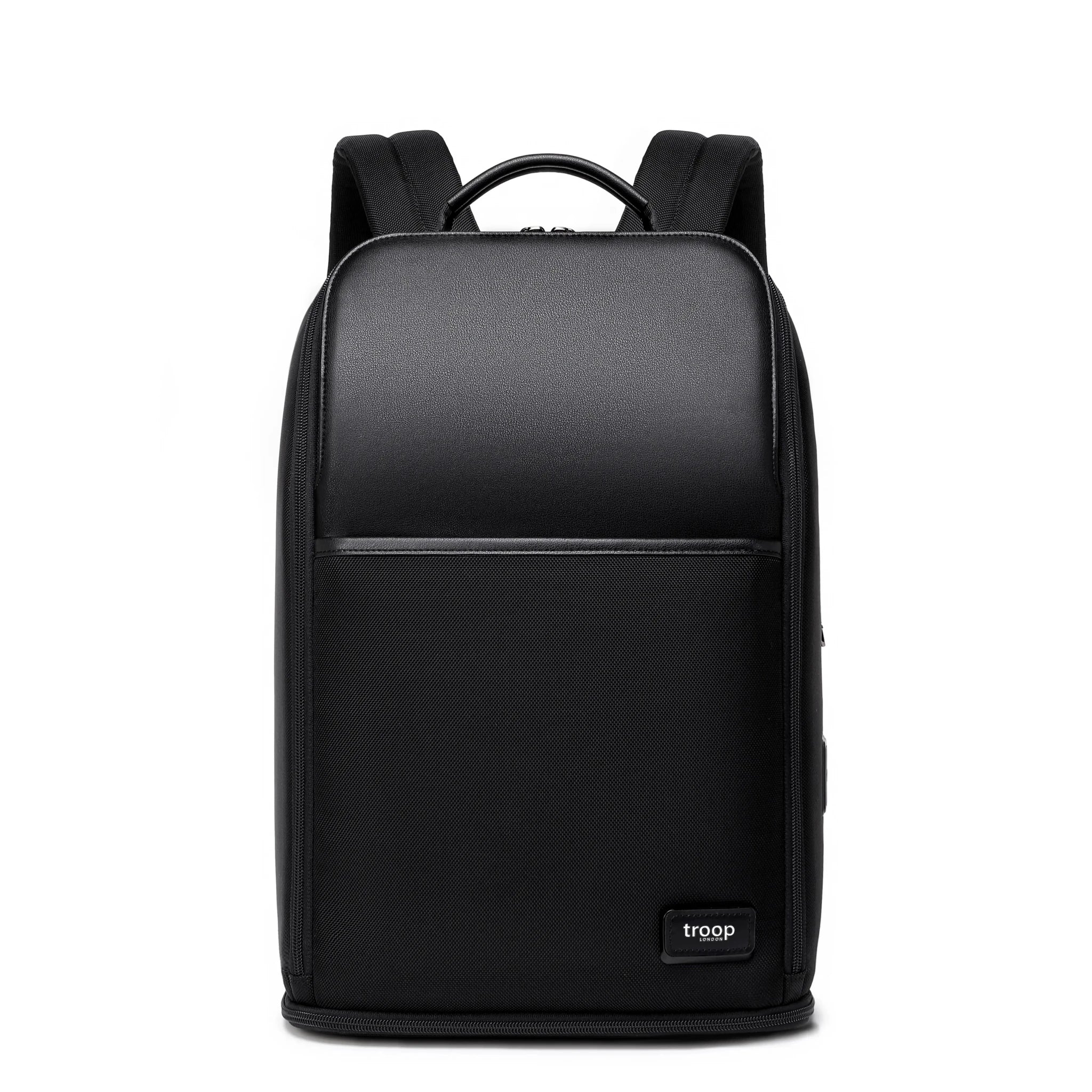 Troop London black business backpack with shoe compartment, featuring multiple pockets and padded straps for comfortable carrying.