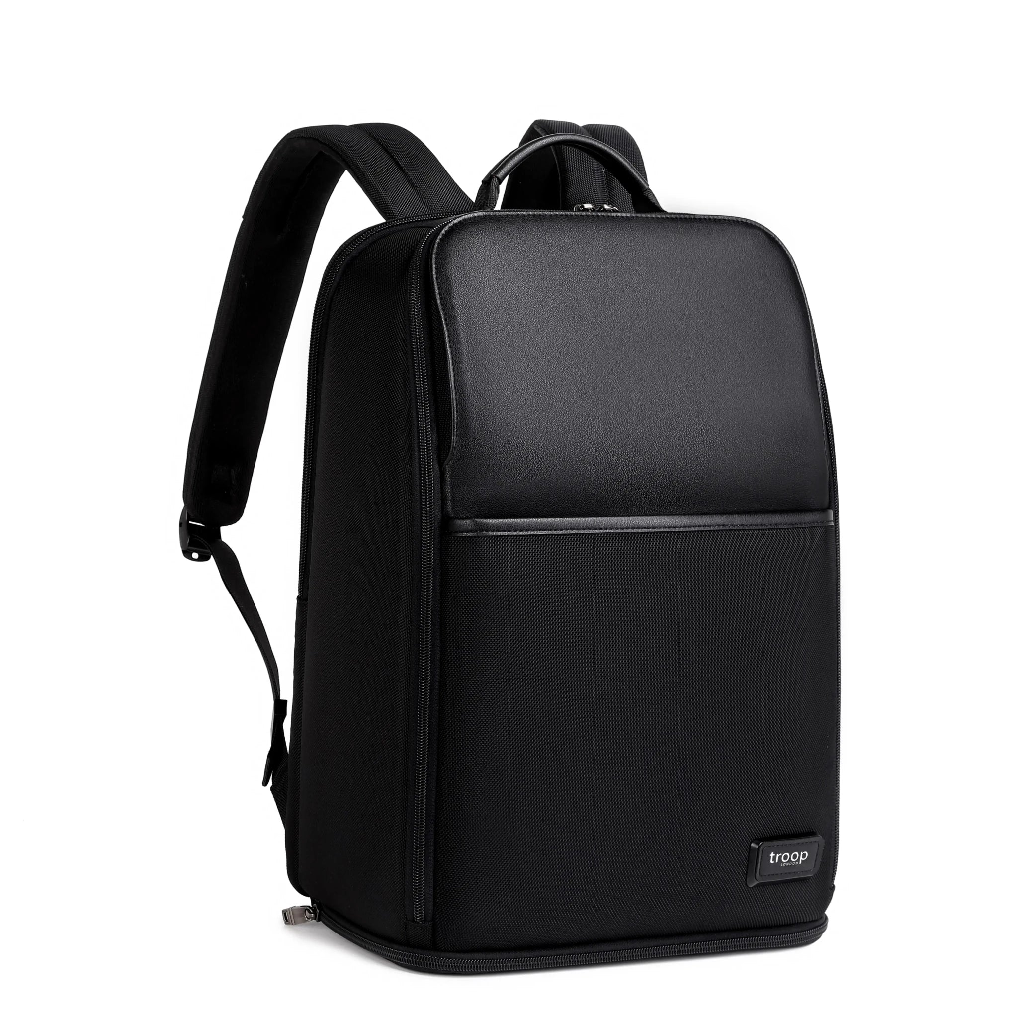 Troop London black business backpack with shoe compartment, ideal for travel and daily commuting.