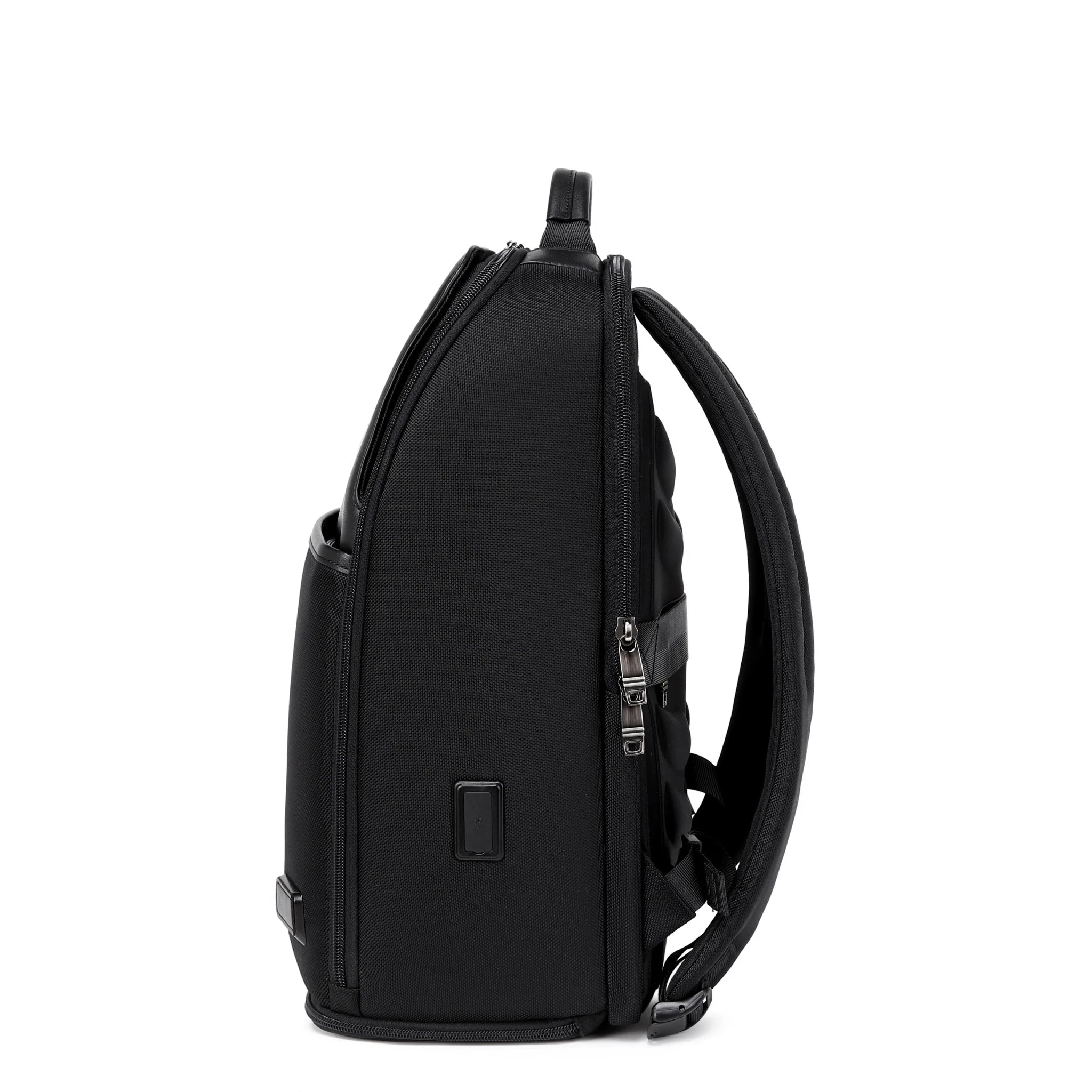 Troop London black business backpack with shoe compartment, padded laptop sleeve, and multiple storage pockets.