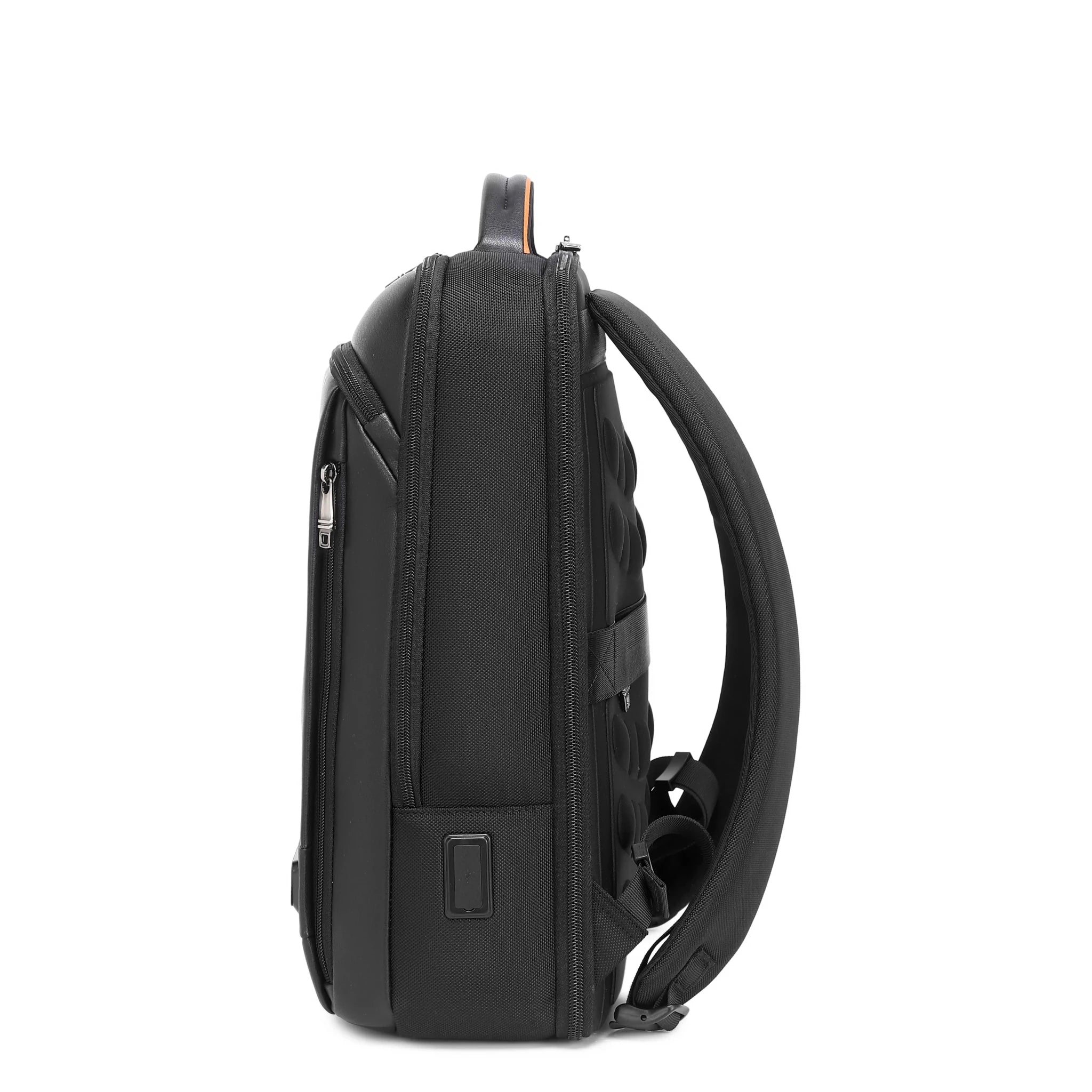Troop London black slim laptop backpack with tech zone compartment, designed for business and tech storage.