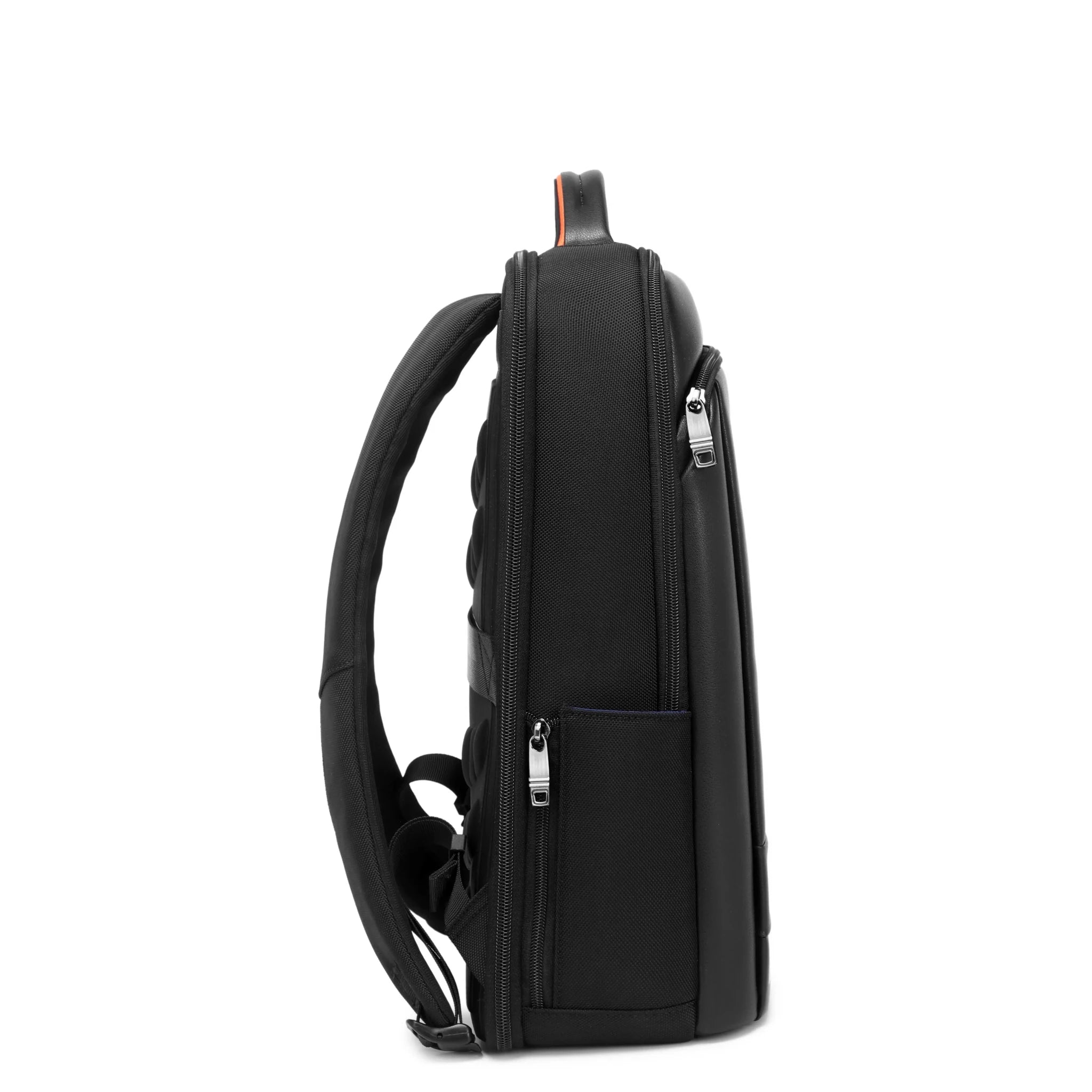 Black Troop London Business Slim Laptop Backpack with Tech Zone, showing multiple compartments and padded straps for comfort.