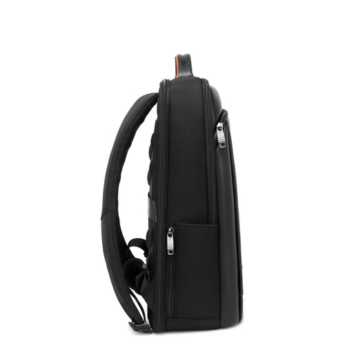 Black Troop London Business Slim Laptop Backpack with Tech Zone, showing multiple compartments and padded straps for comfort.