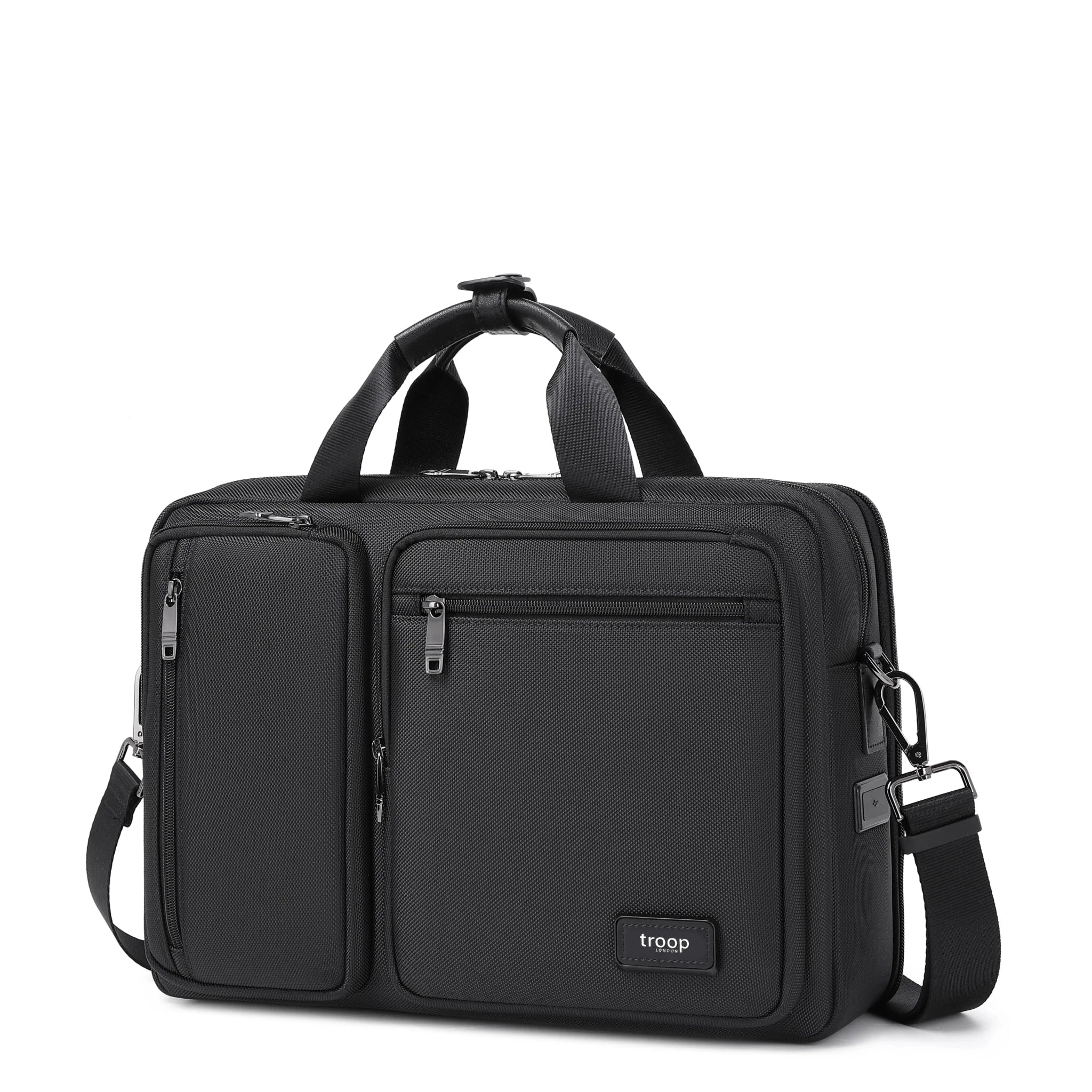 Black Troop London business laptop bag, stylish briefcase with handles and compartments for professional use.
