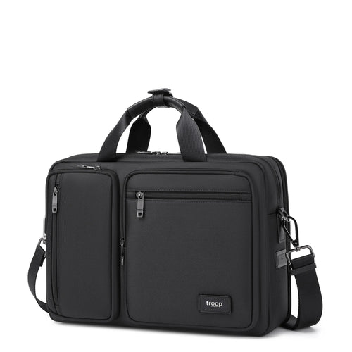 Black Troop London business laptop bag, stylish briefcase with handles and compartments for professional use.