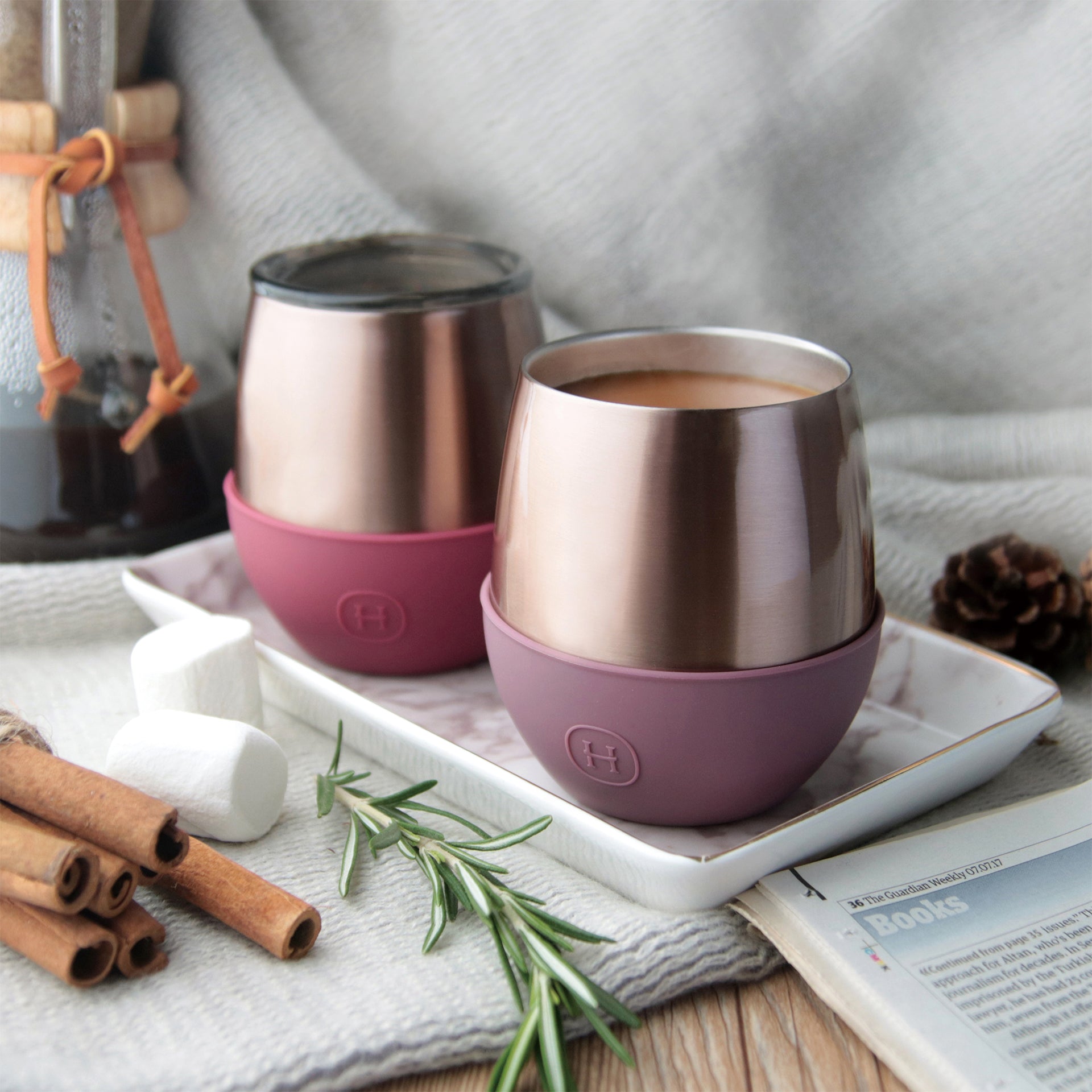 HYDY Pink Gold Tumbler in Dusty Rose, 8 oz, with a sleek design and stainless steel body, suitable for hot and cold beverages.