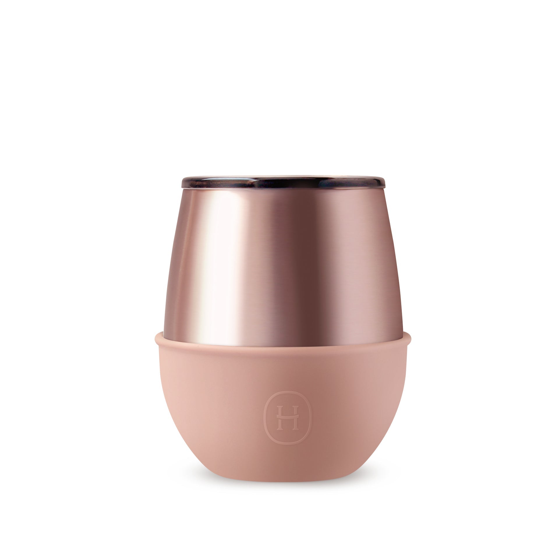 Pink gold HYDY 8 oz latte tumbler with a sleek design and secure lid, perfect for hot and cold beverages.