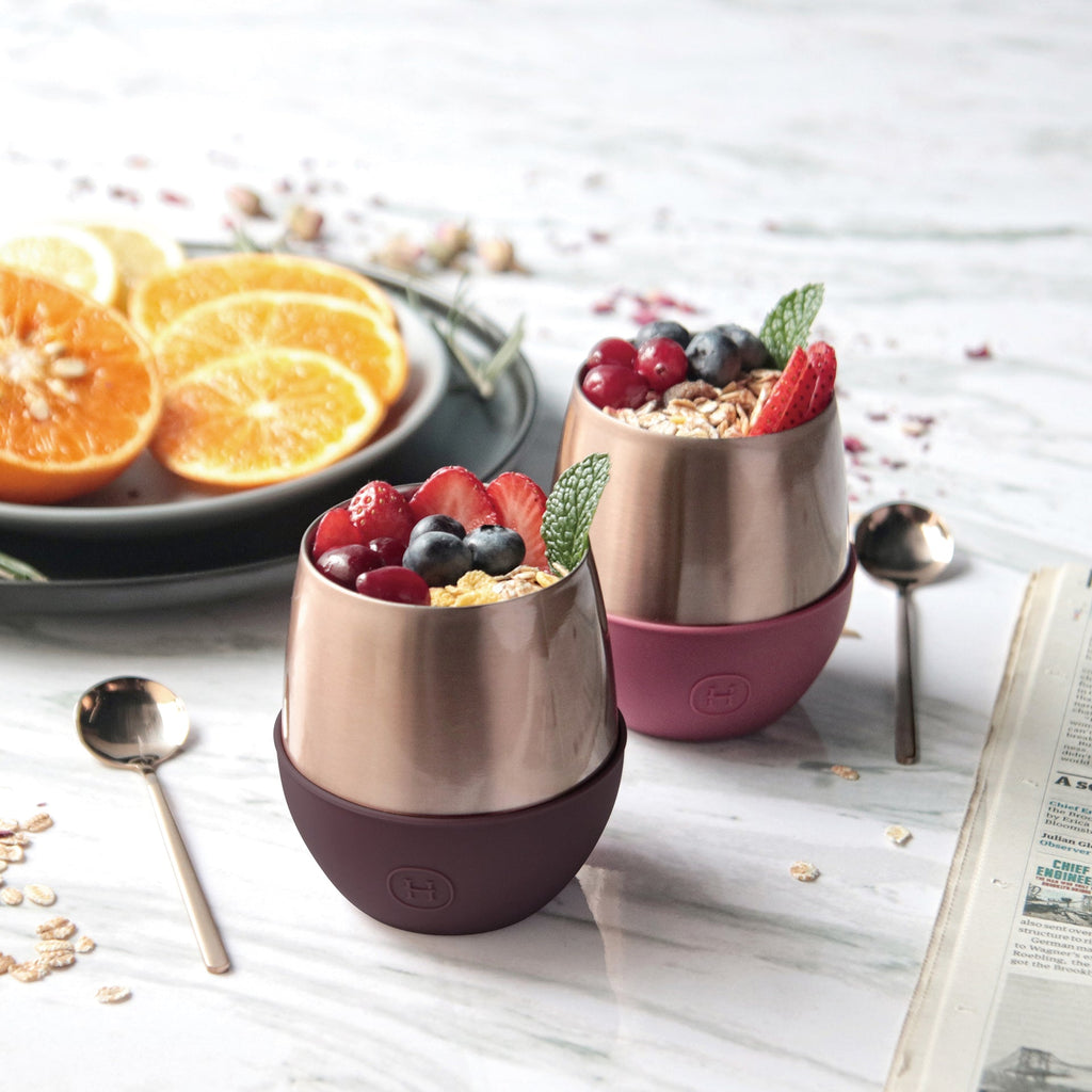 Pink gold HYDY tumbler with wild cherry design, 8 oz capacity, featuring a sleek, modern look and durable stainless steel construction.