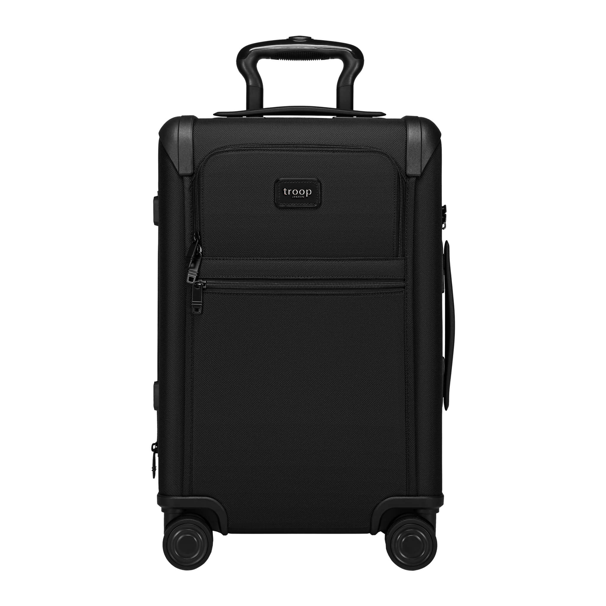 Black Troop London TR1151W 20-inch international cabin luggage with hard shell and dual spinner wheels.
