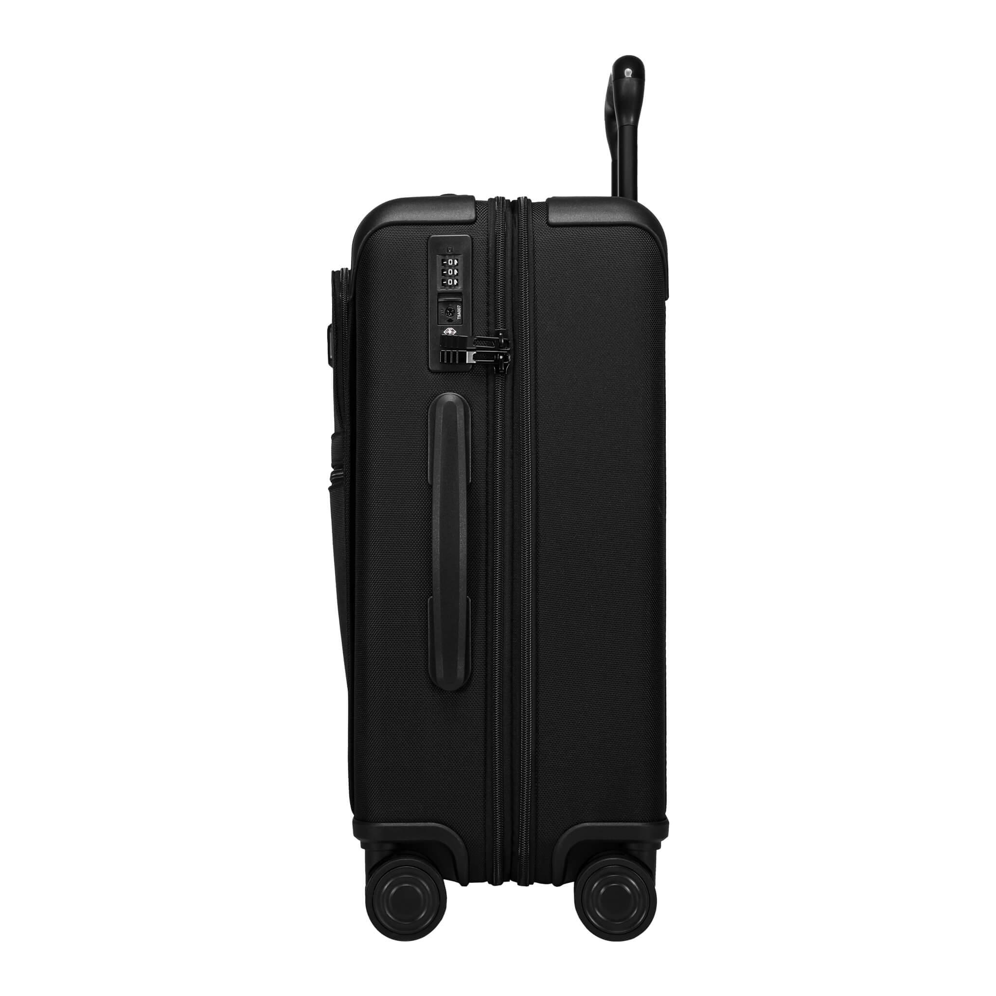 Black Troop London TR1151W 20-inch international cabin luggage with sturdy handle and four wheels for easy travel.