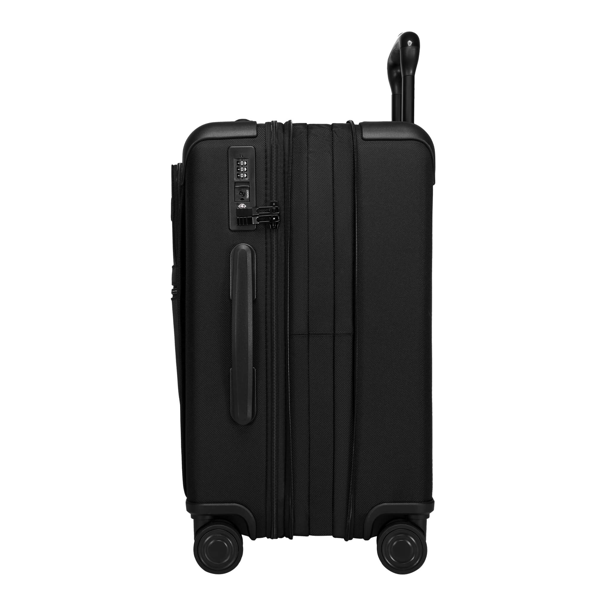 Black Troop London TR1151W 20-inch international cabin luggage with four wheels and a sleek design for easy travel.