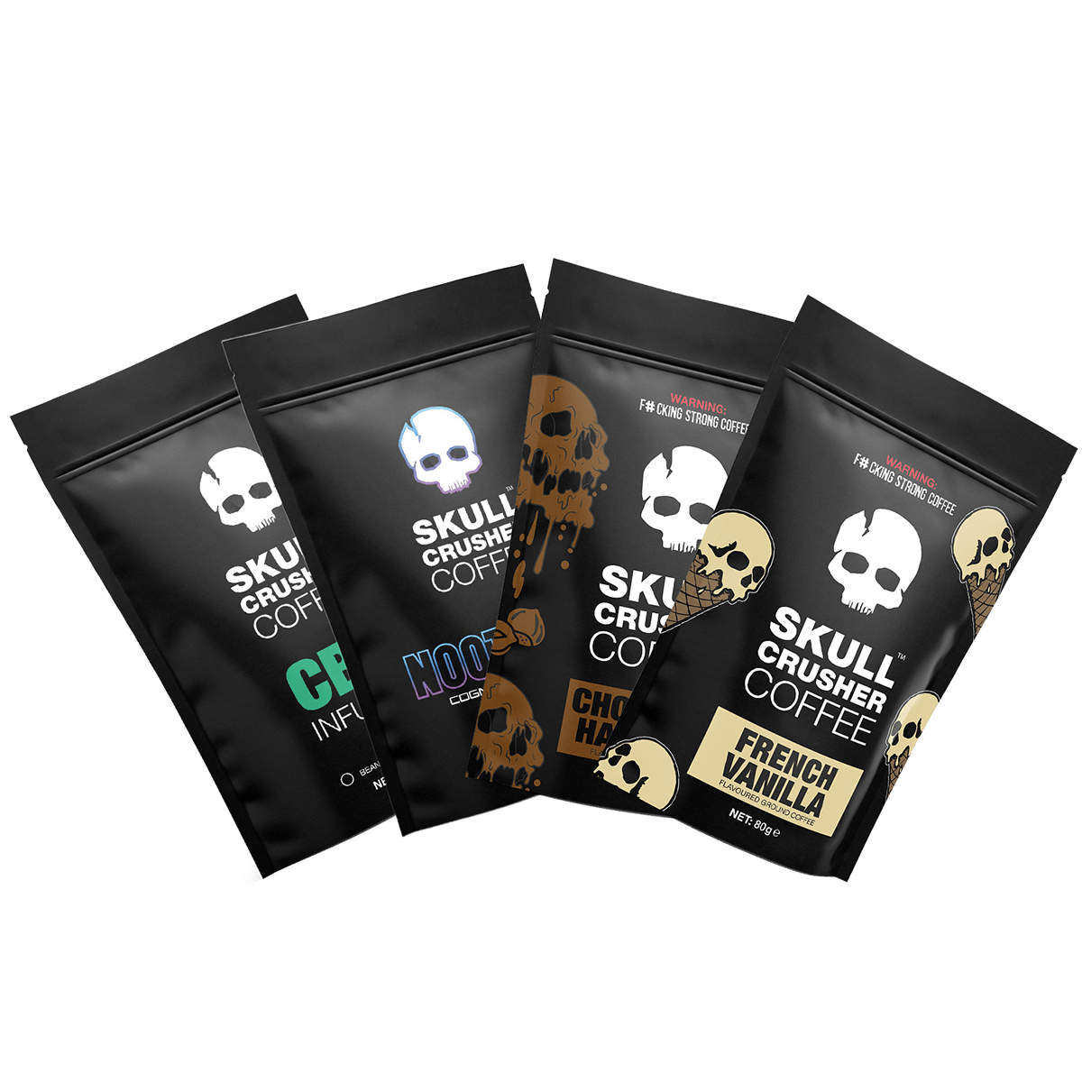 Skull Crusher Coffee Trial Bag Bundle featuring assorted coffee samples in small resealable bags.