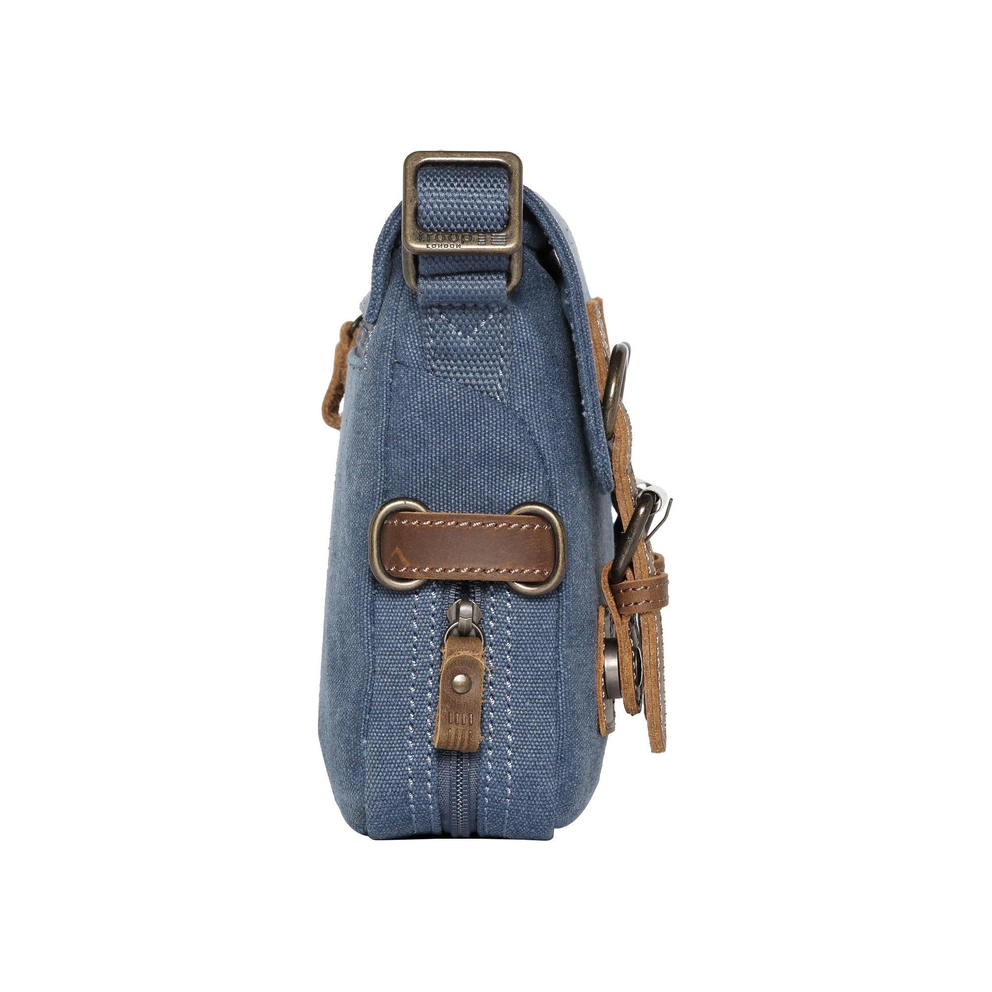 Blue Troop London TRP0111 across body bag with adjustable strap and multiple compartments, designed for casual wear.