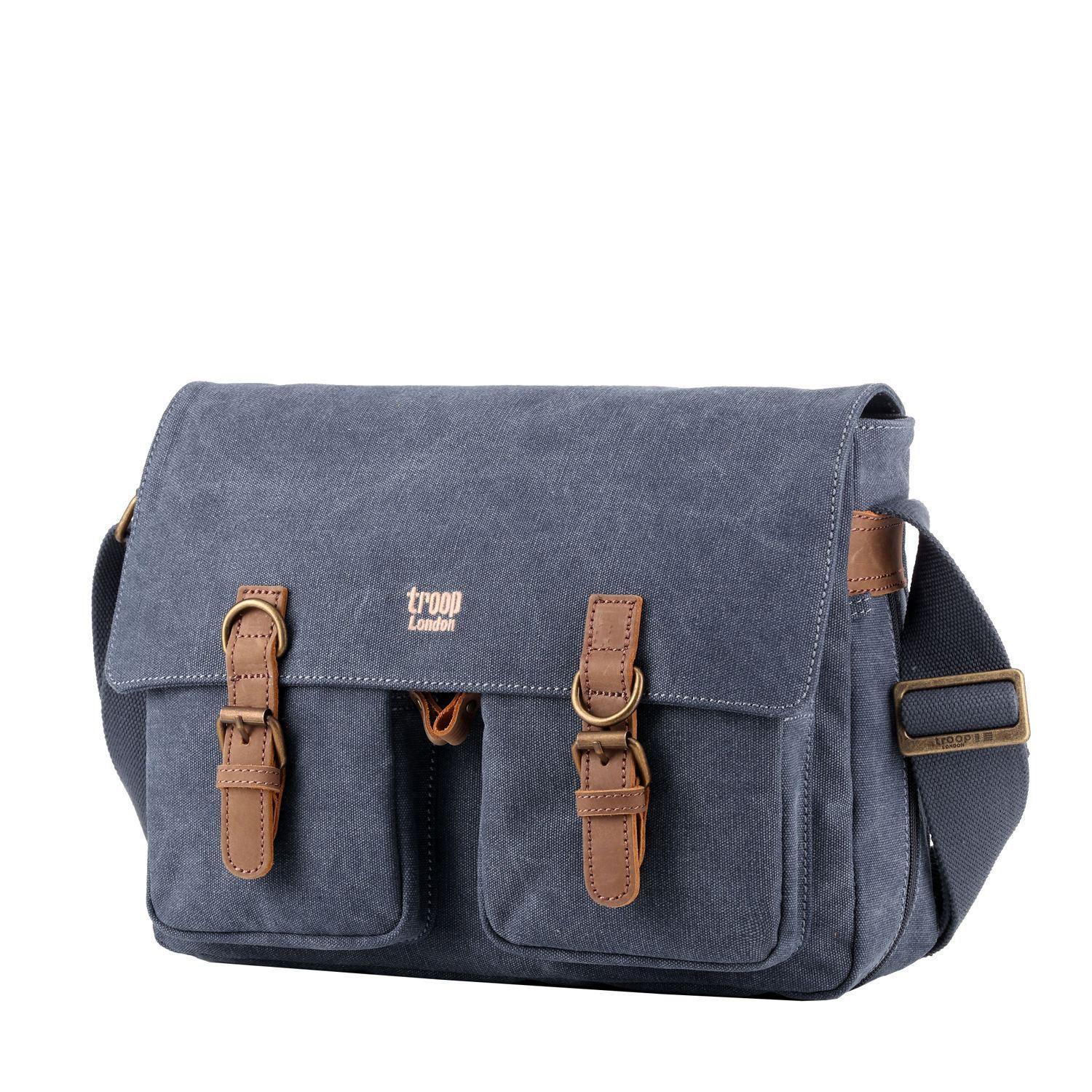 Blue Troop London messenger bag with adjustable strap and front pocket, showcasing a sleek and functional design.