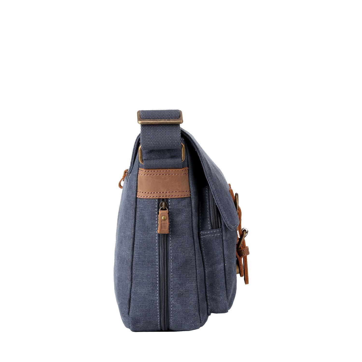 Blue Troop London messenger bag with adjustable strap and multiple compartments, displayed on a plain background.