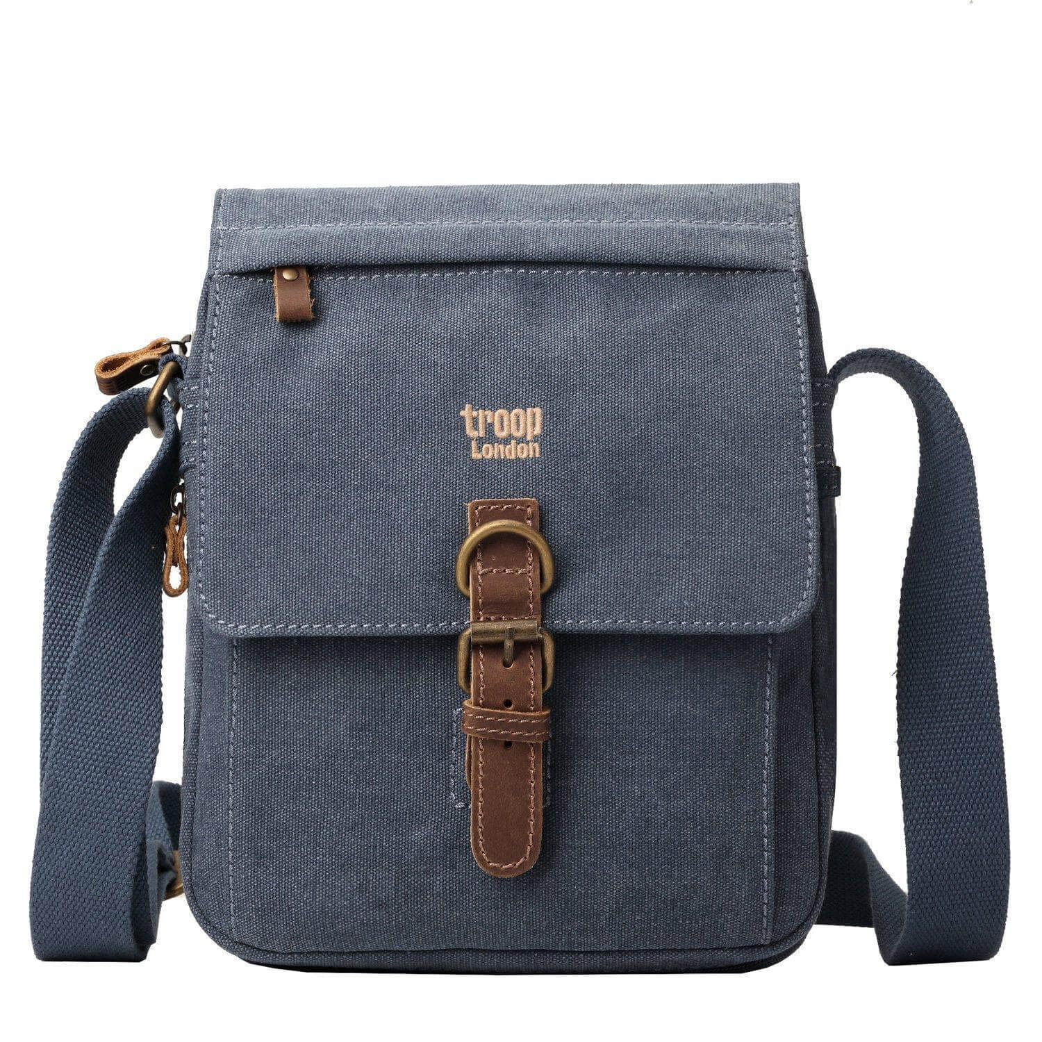 Troop London TRP0211 across body bag with adjustable strap and multiple compartments, made of durable material.