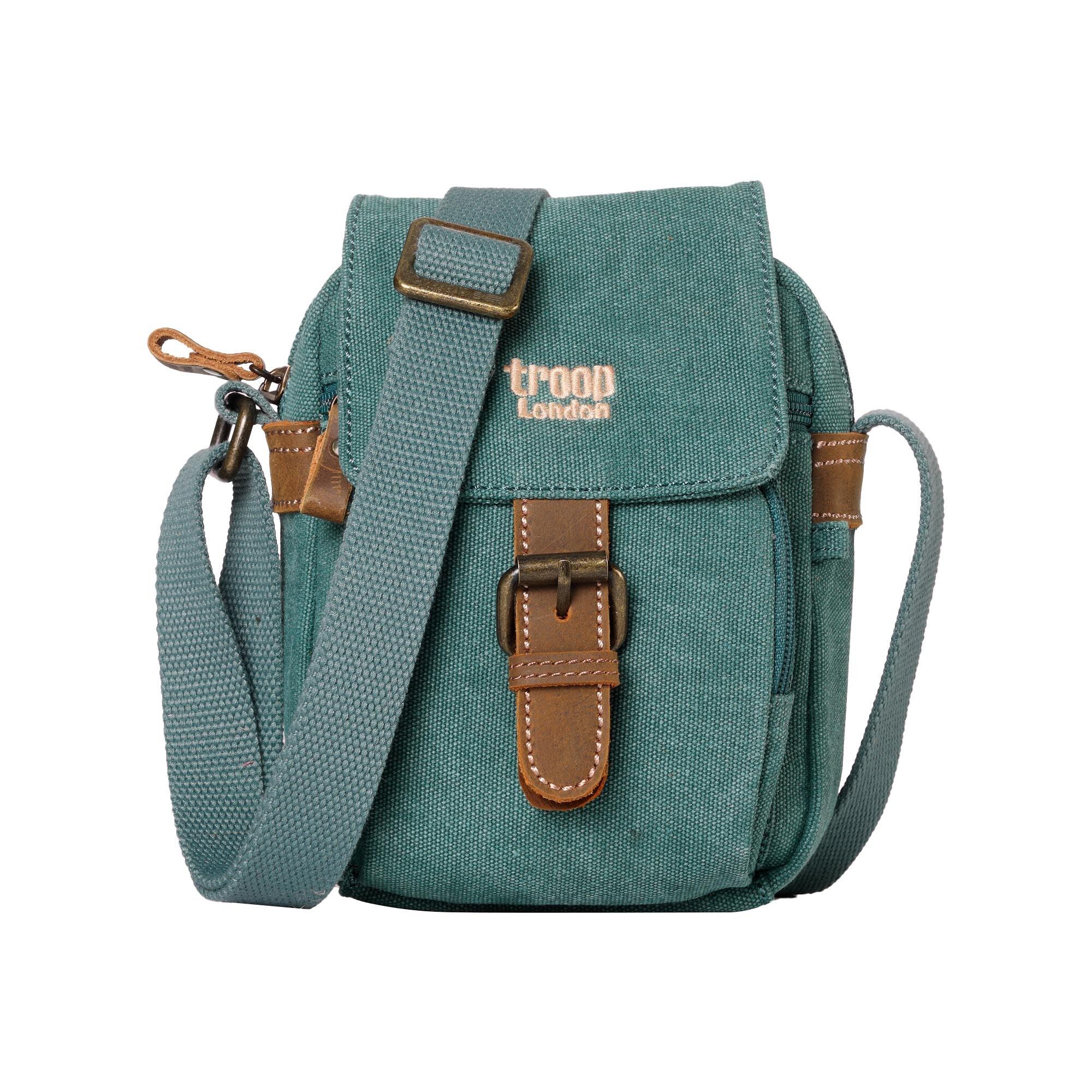 Turquoise Troop London across body bag with adjustable strap and spacious main compartment, casual style for daily use