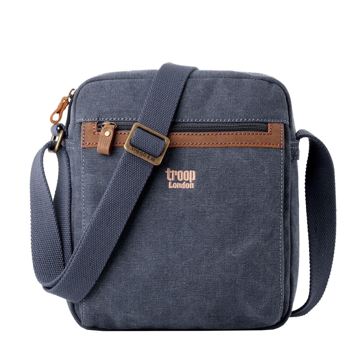Troop London TRP0218 blue across body bag with adjustable strap and front zipper pocket, stylish and functional for everyday use.