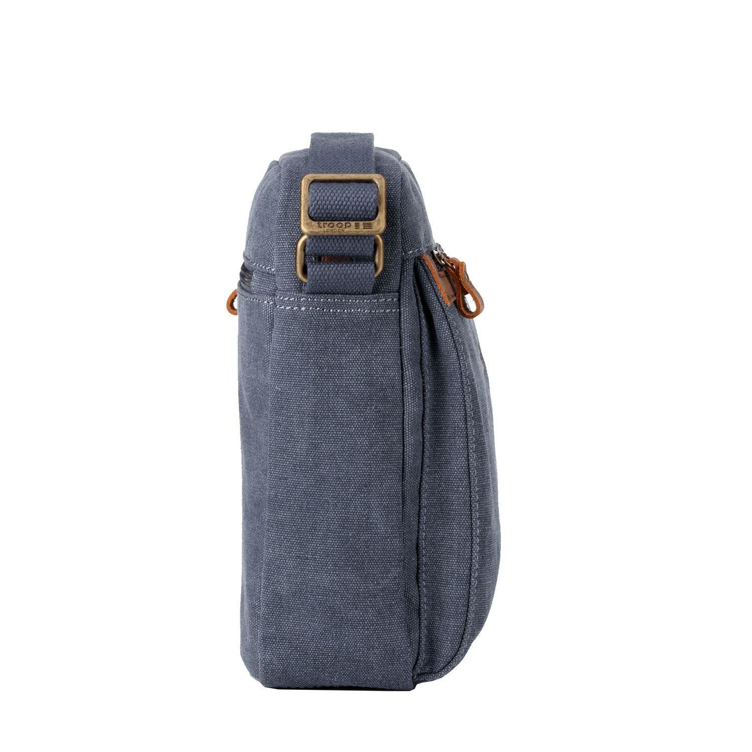 Blue Troop London TRP0218 across body bag with adjustable strap and multiple compartments, displayed on a neutral background.