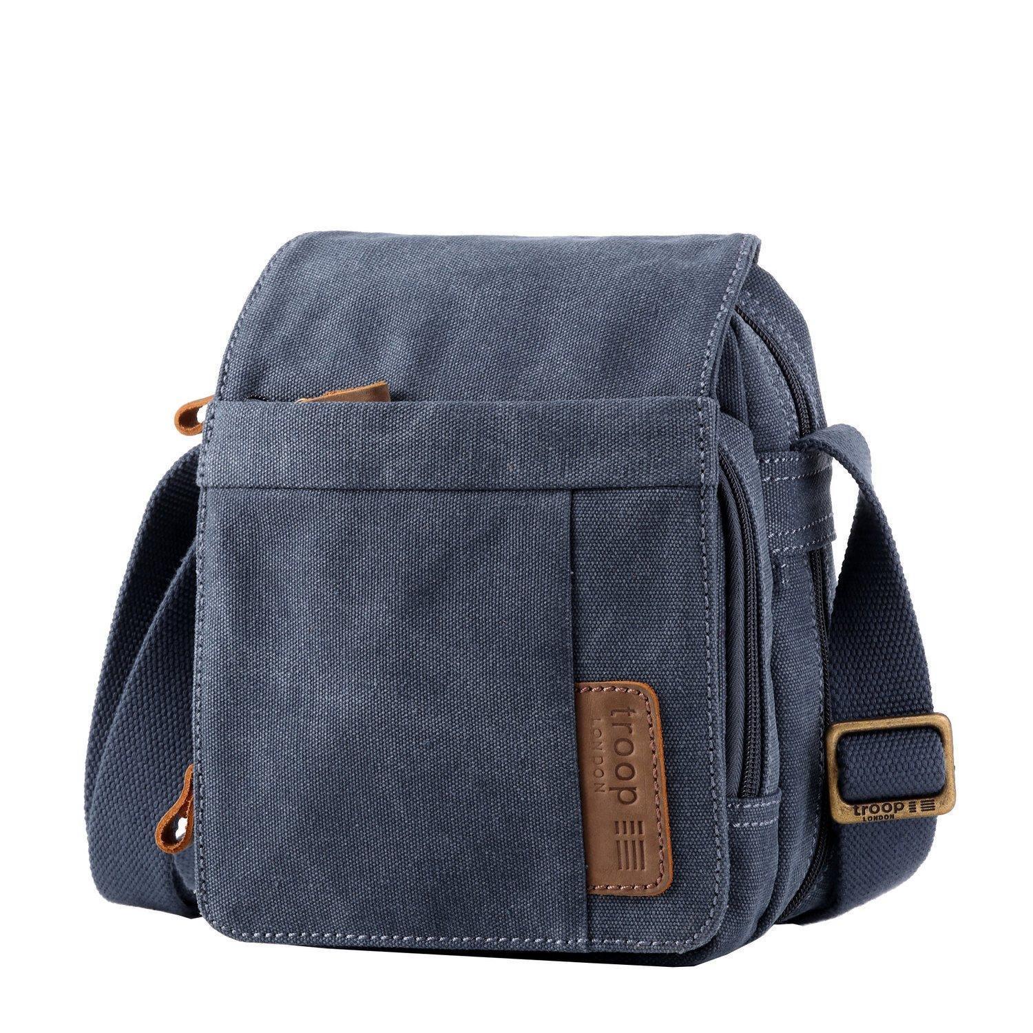 Blue Troop London TRP0220 across body bag with adjustable strap and front pocket, designed for casual everyday use.
