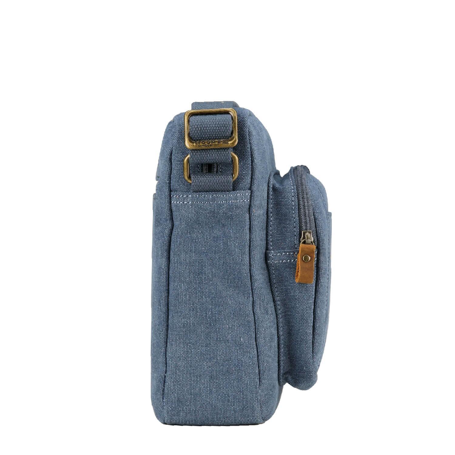 Blue Troop London across body bag with adjustable strap and multiple compartments, shown from three side angles.