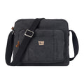 Troop London black washed crossbody bag with adjustable strap and minimalist design, shown from front view.