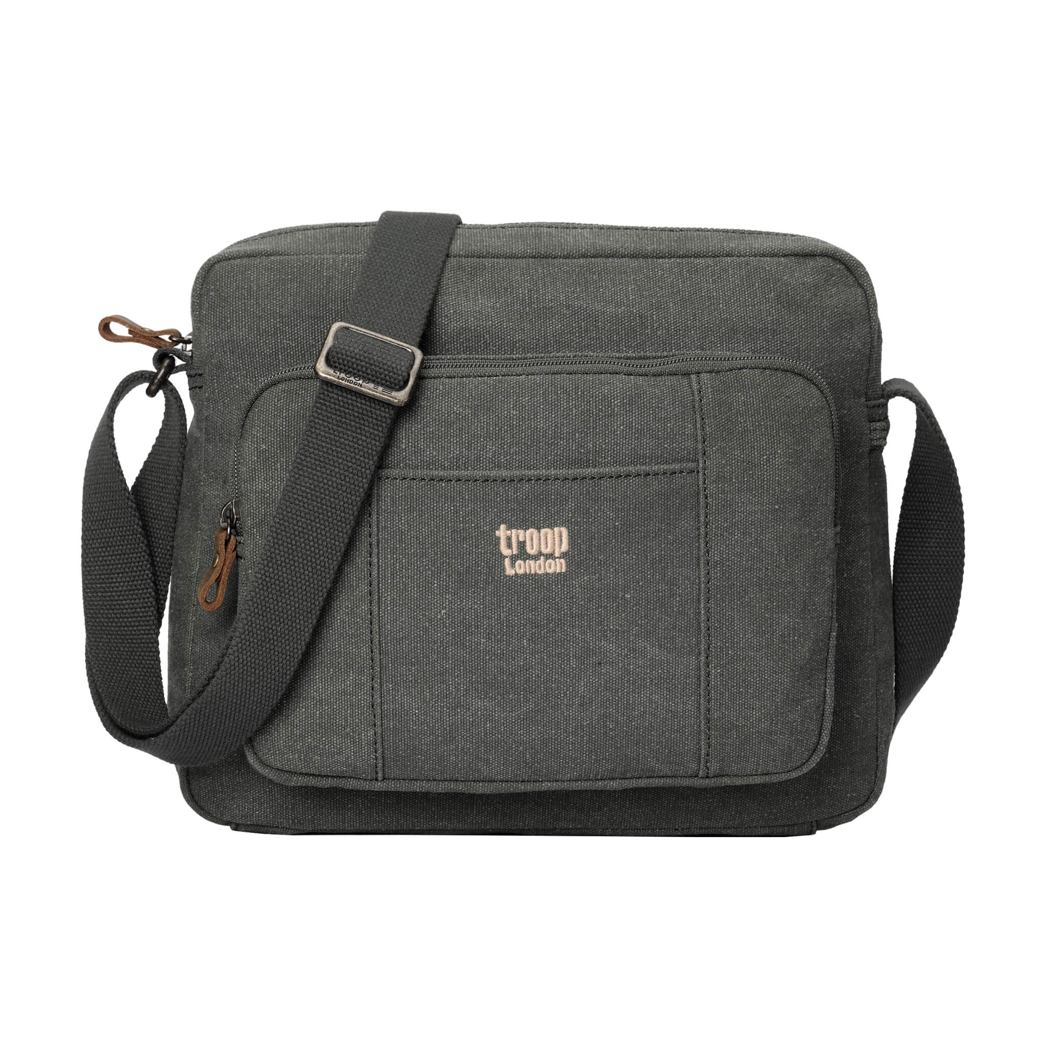 Green Troop London across body bag with adjustable strap and multiple compartments, casual style, front view.