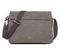 Charcoal Troop London Messenger Bag, durable canvas with leather accents, front flap closure, and adjustable shoulder strap.