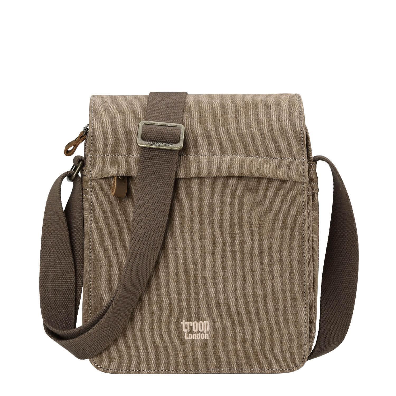 Troop London brown across body bag with adjustable strap and front zipper pocket, stylish and functional for everyday use.