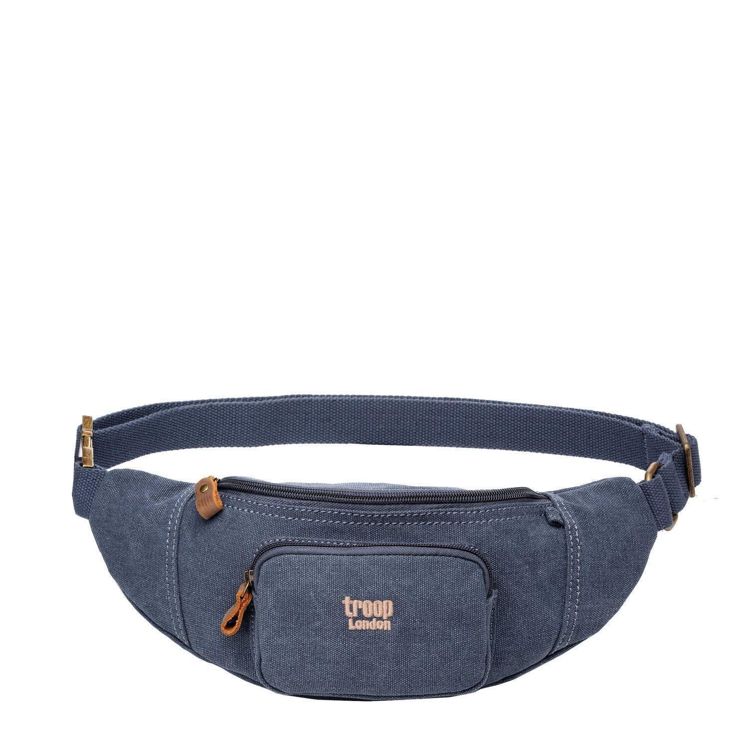 Blue Troop London waist bag with adjustable strap and multiple pockets, designed for convenient everyday carrying.