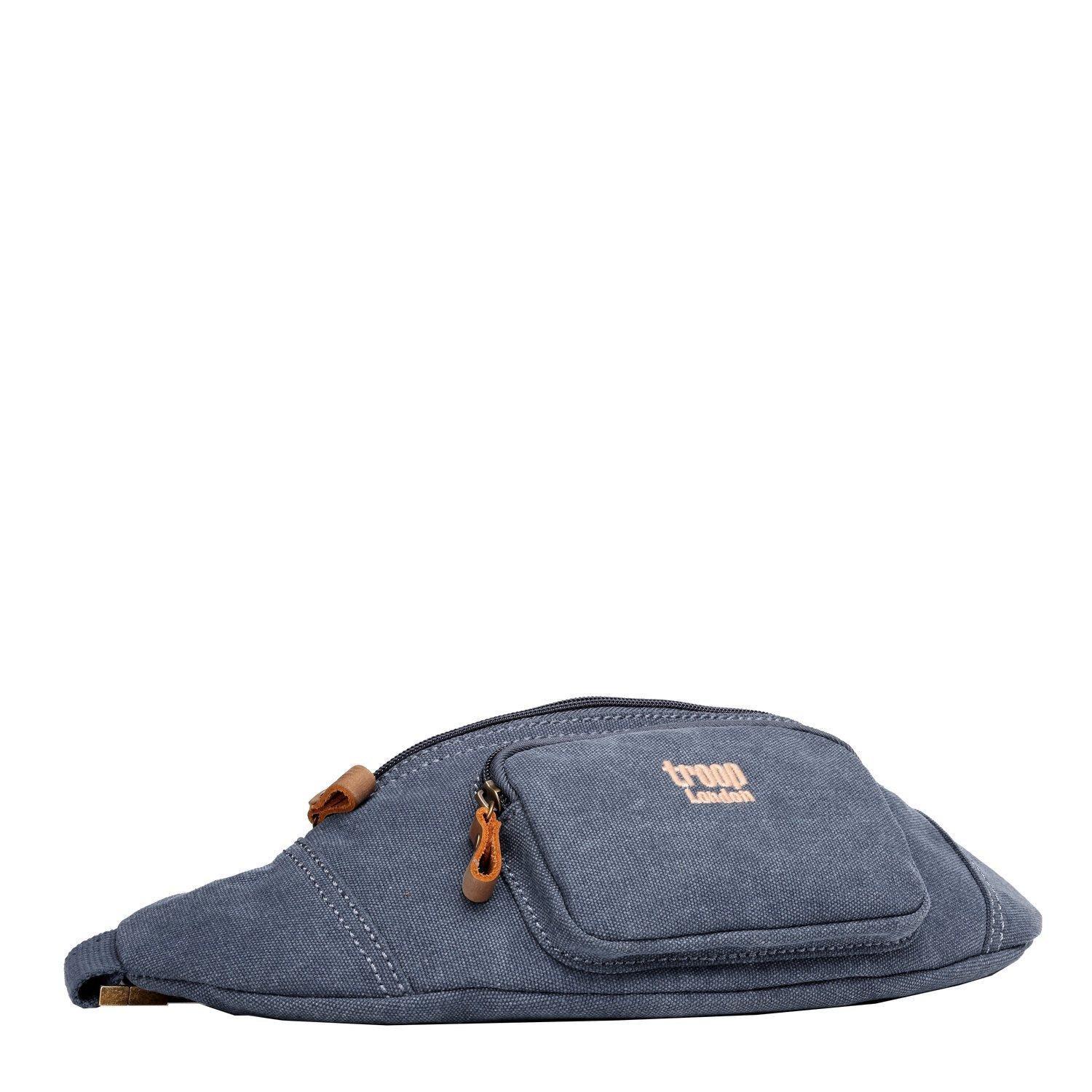 Blue Troop London waist bag with adjustable strap and multiple compartments, designed for convenient everyday use.