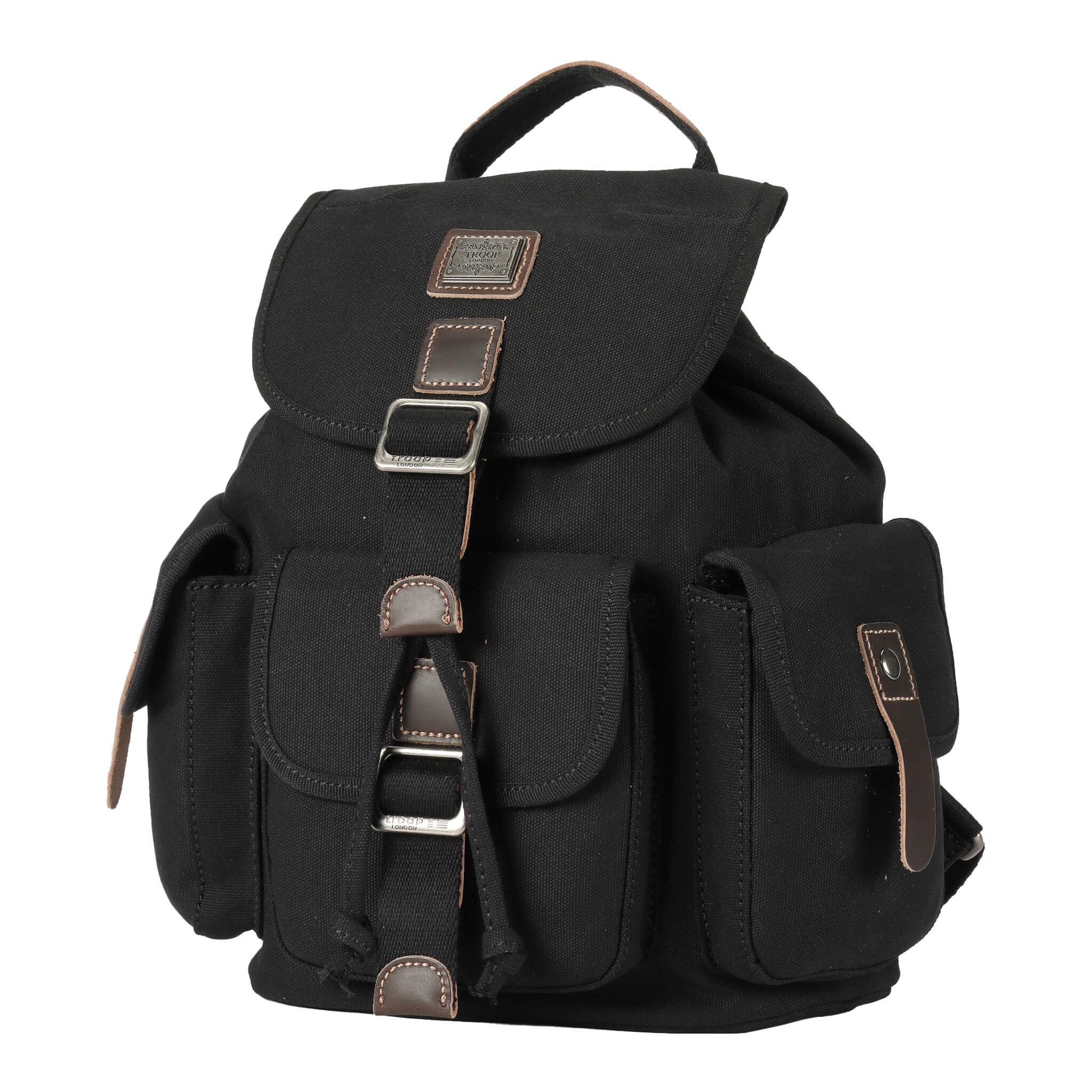 Small black Troop London drawstring backpack with adjustable straps and minimalist design.