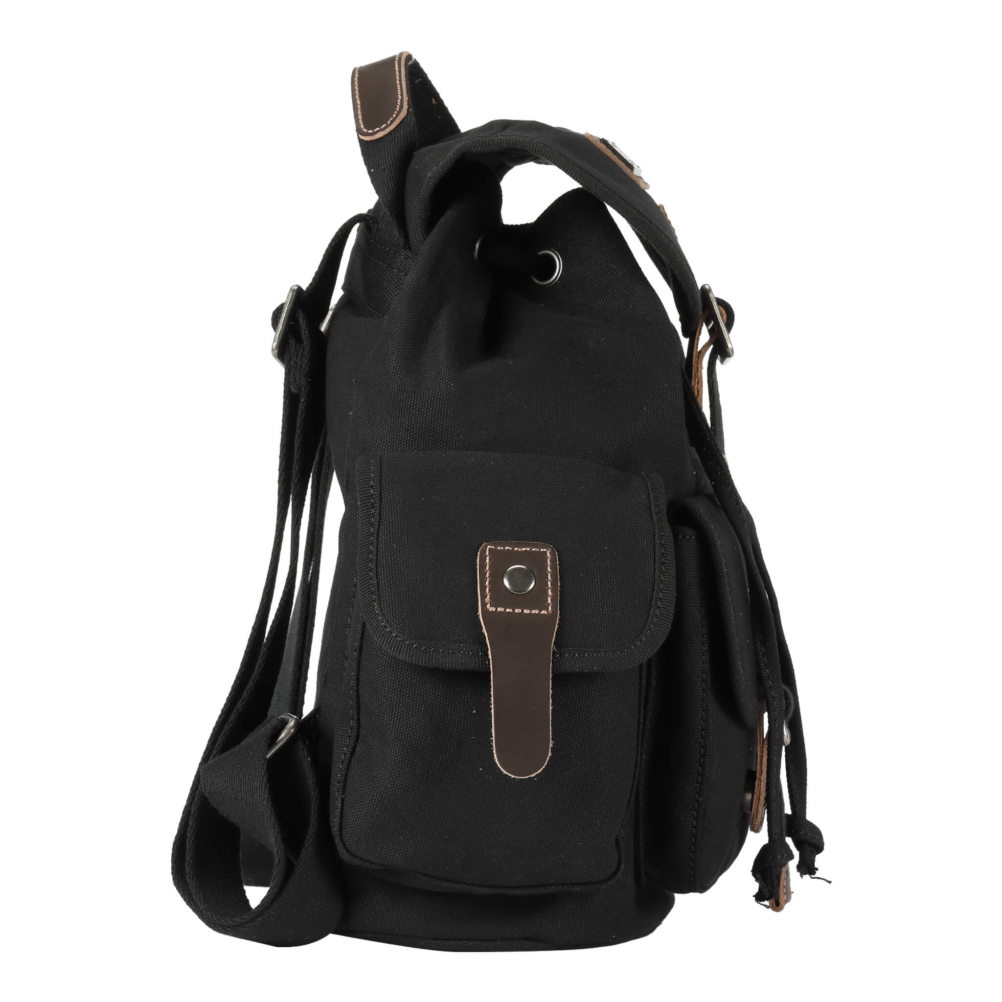 Small black Troop London drawstring backpack with a minimalist design and adjustable drawstring closure.