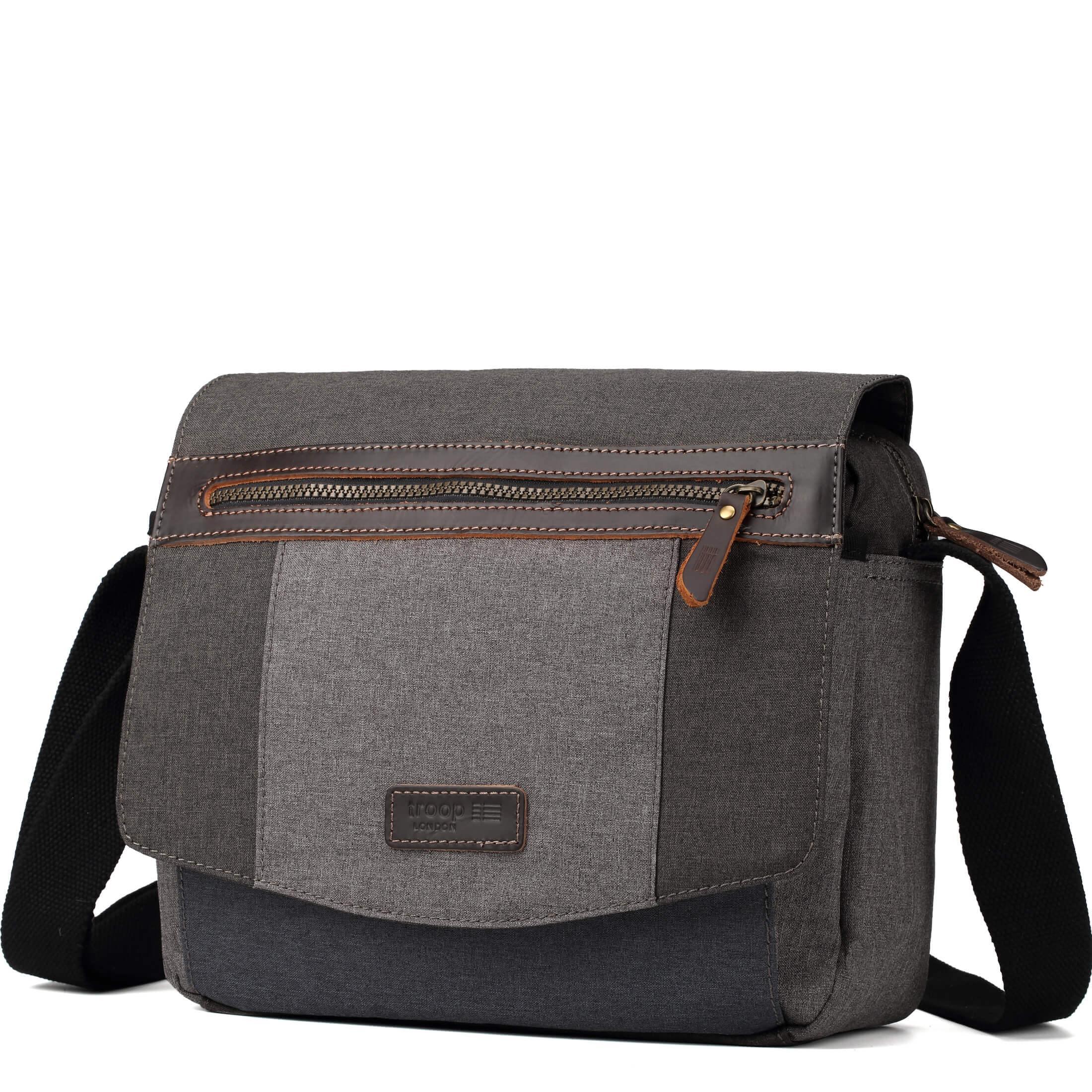 Grey Troop London Messenger Bag showing front view with adjustable strap and multiple compartments.