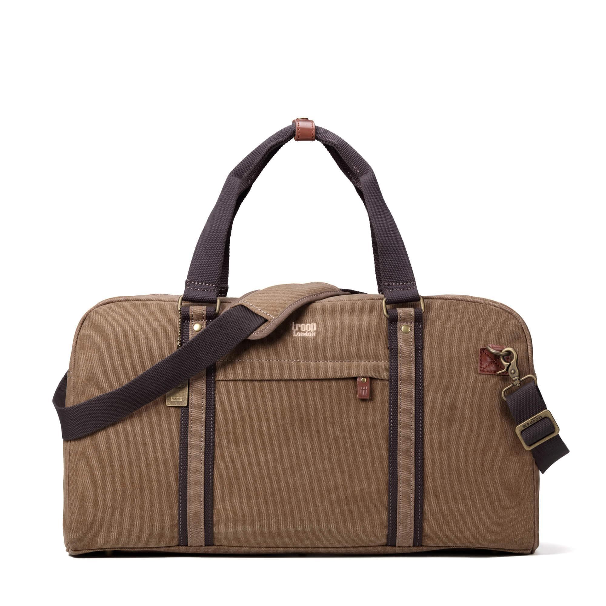 Brown Troop London travel duffel bag, spacious luggage holdall with sturdy handles and zip closure, ideal for trips and travel.