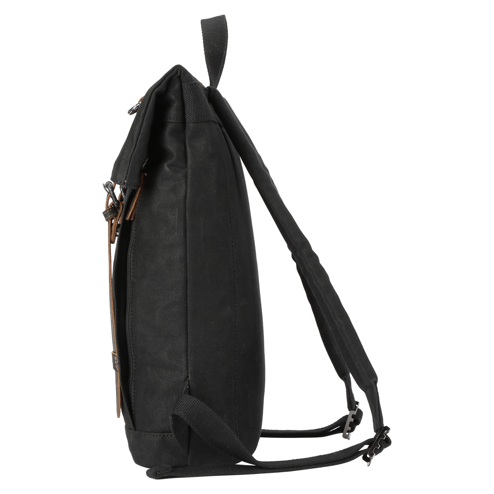 Troop London Heritage Small Canvas Backpack in black wax finish with adjustable straps and front pocket.