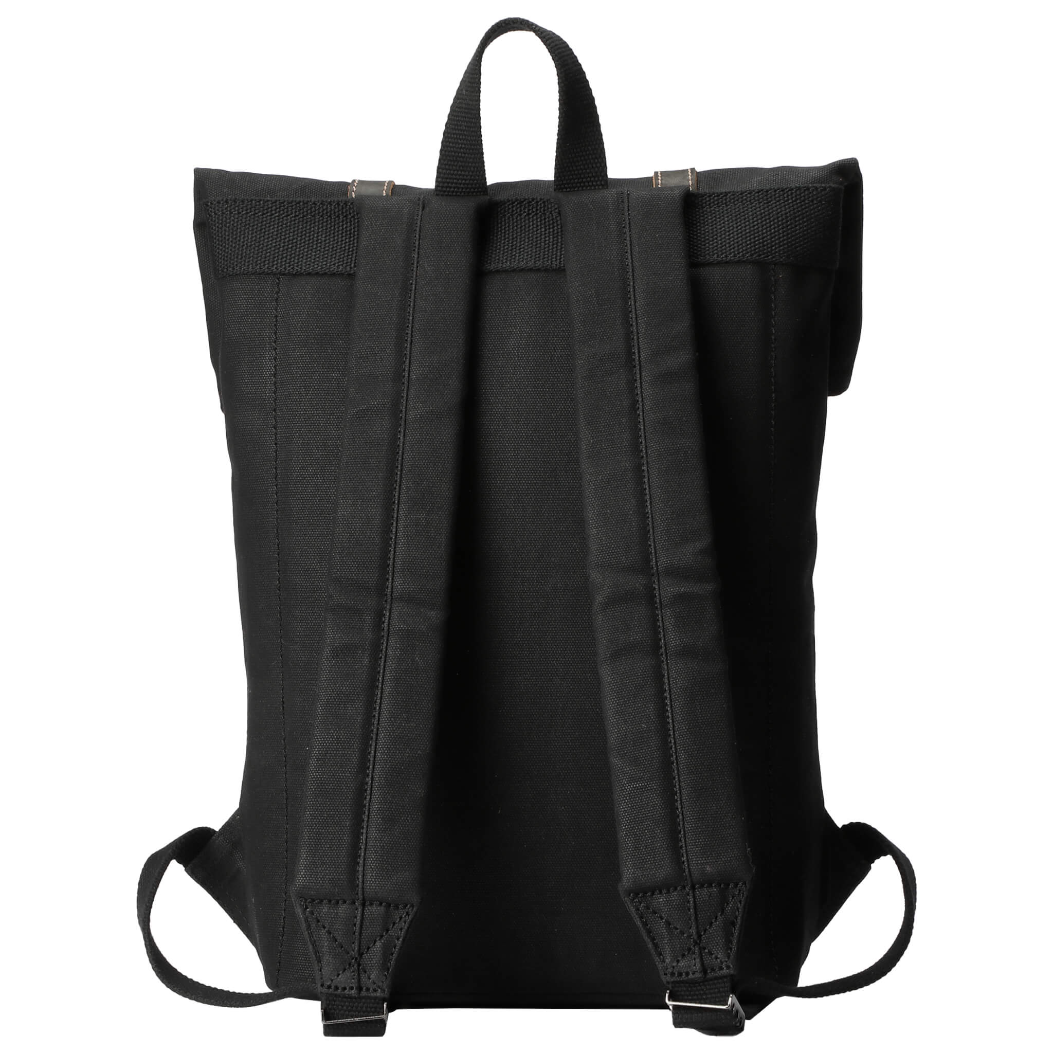 Black waxed canvas Troop London Heritage small backpack with adjustable shoulder straps and front pocket.