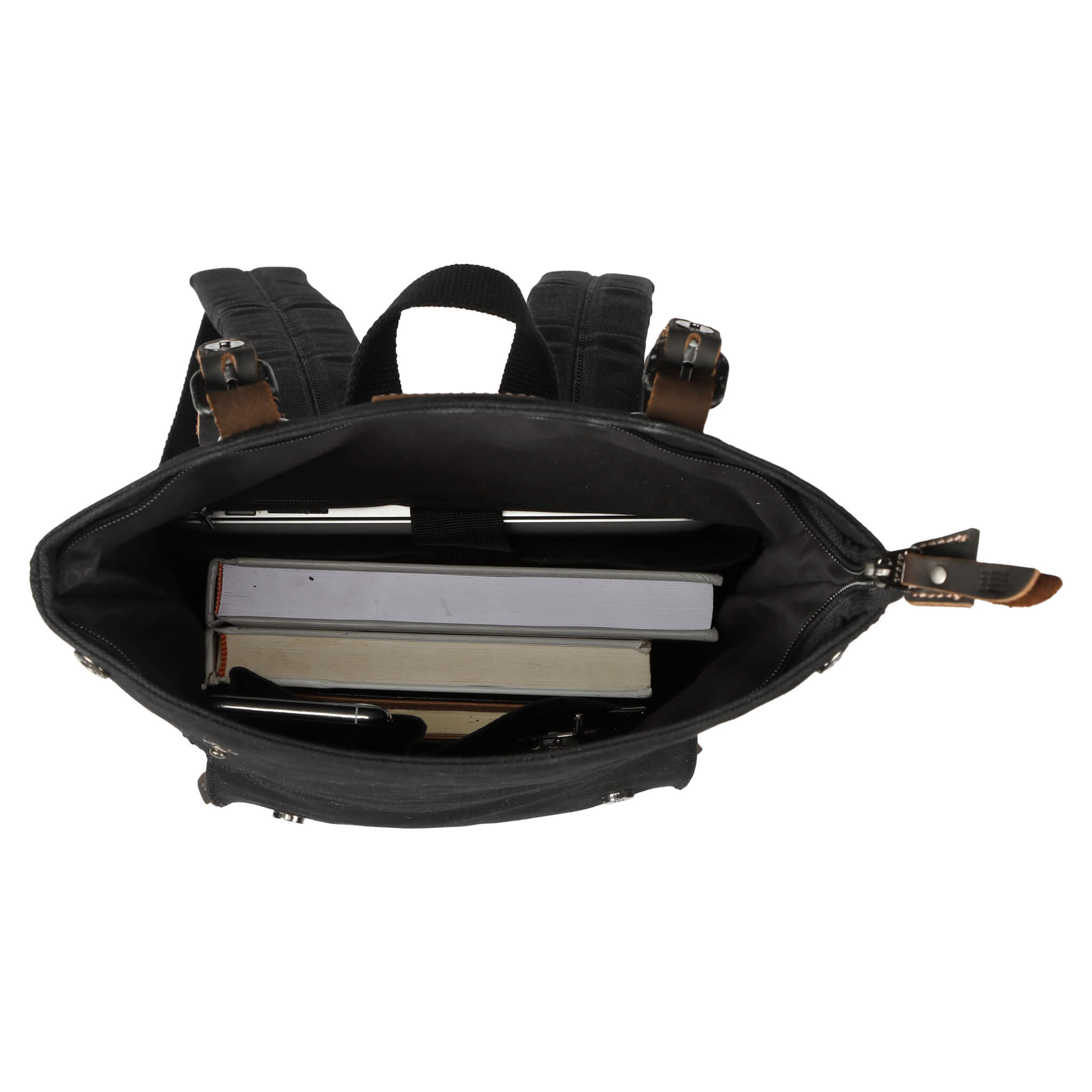 Black waxed canvas small Heritage backpack by Troop London with adjustable straps and front pocket.