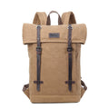 Troop London Heritage Daypack in camel color with foldable top and adjustable straps, showcasing its stylish and functional backpack design.