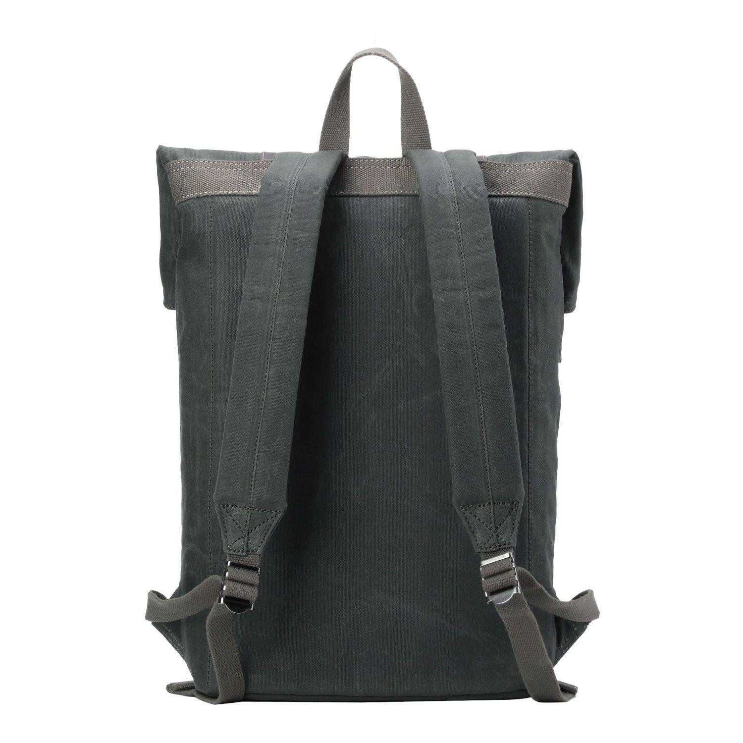 Troop London Heritage Daypack backpack in dark green with foldable top and sturdy straps.