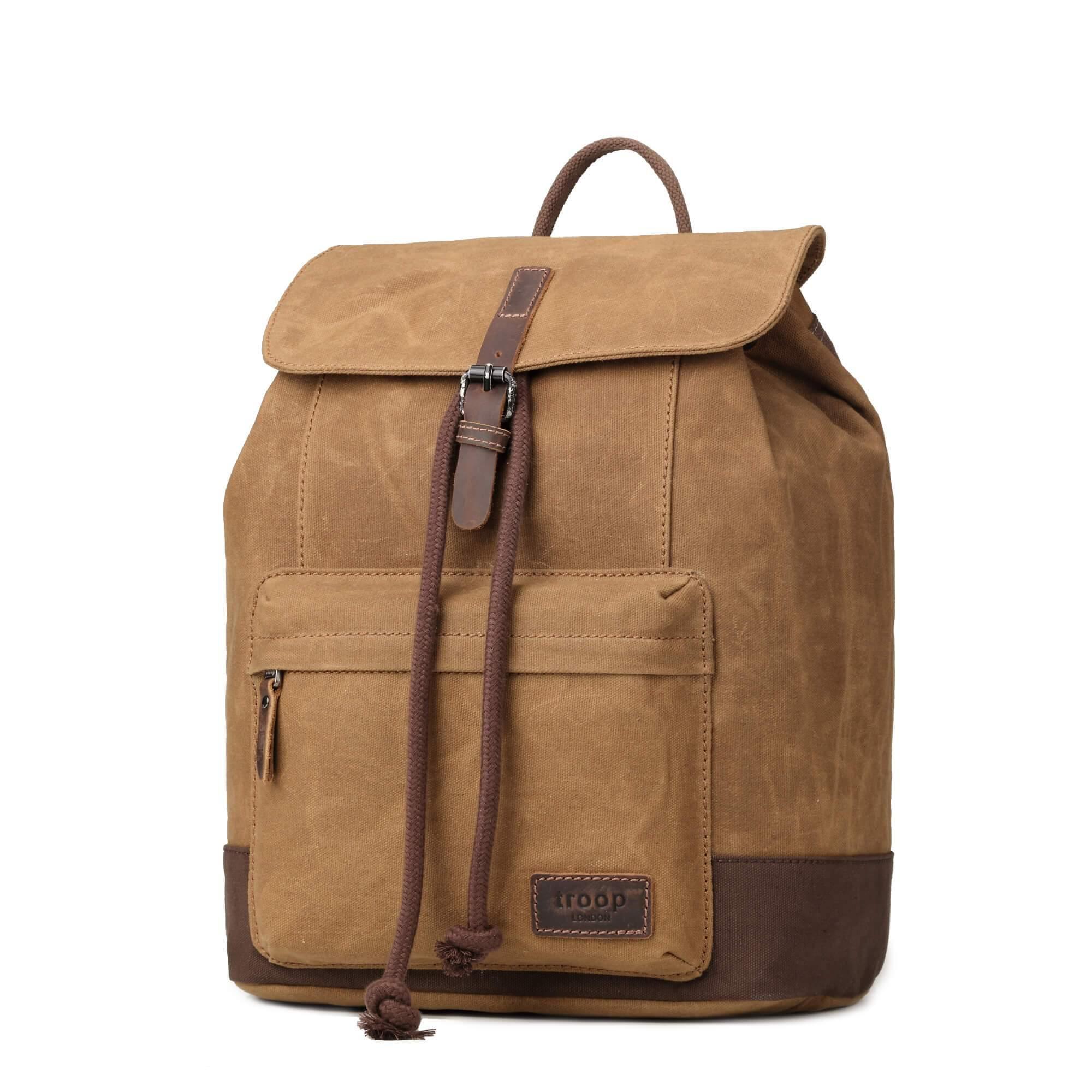 Troop London Heritage Laptop Backpack in camel with adjustable straps and multiple compartments, designed for daily use.