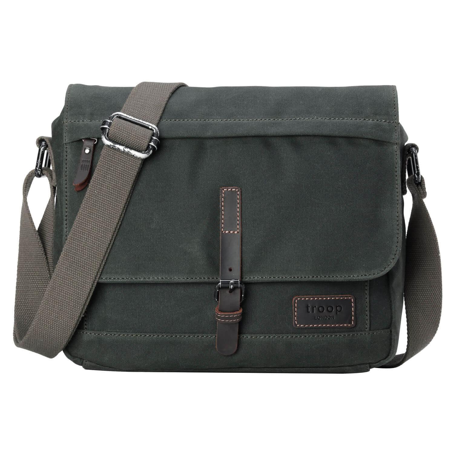 Dark green Troop London Heritage Messenger Bag with adjustable strap and multiple compartments.