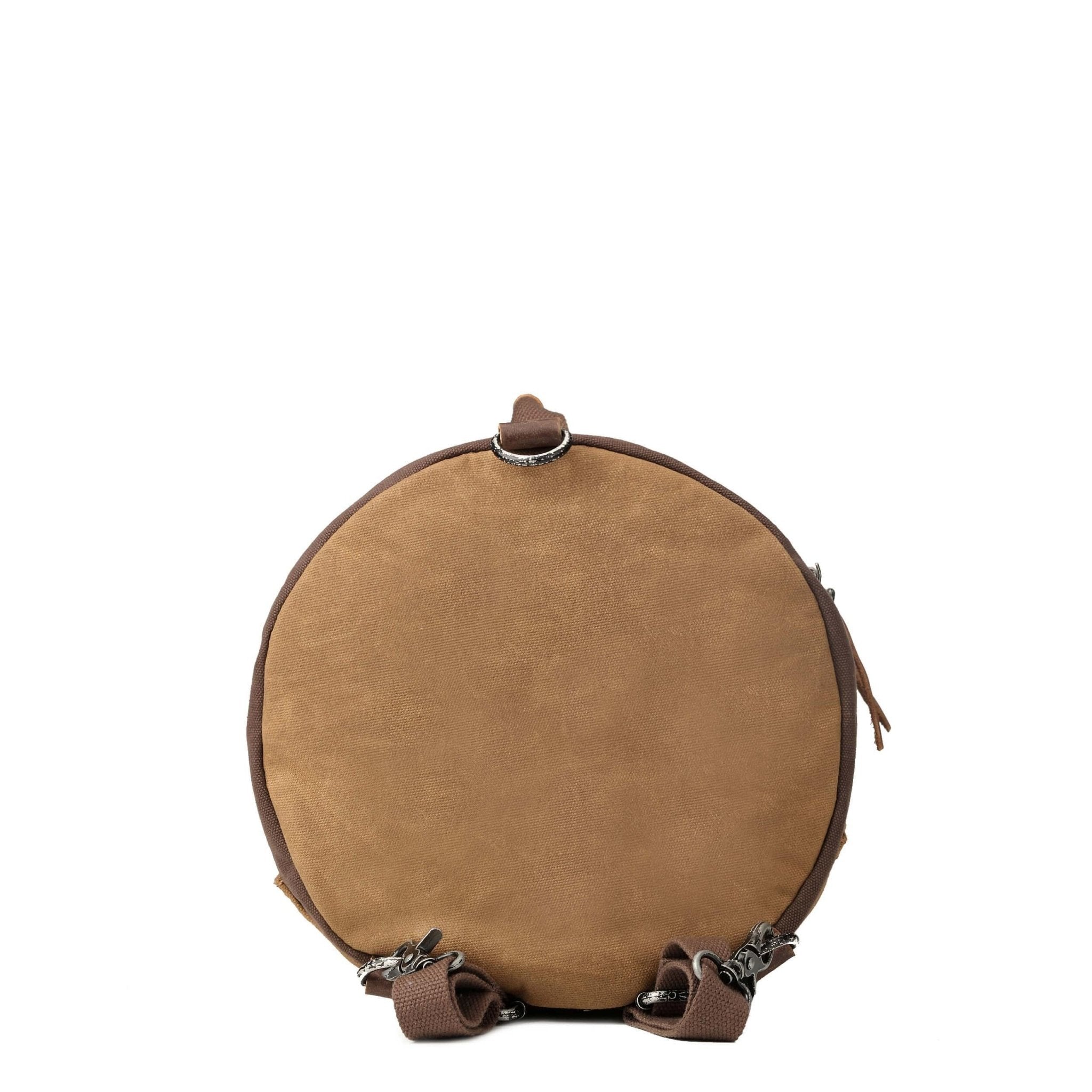 Troop London Heritage Duffel Backpack in camel, a stylish travel luggage holdall with leather accents and spacious main compartment.